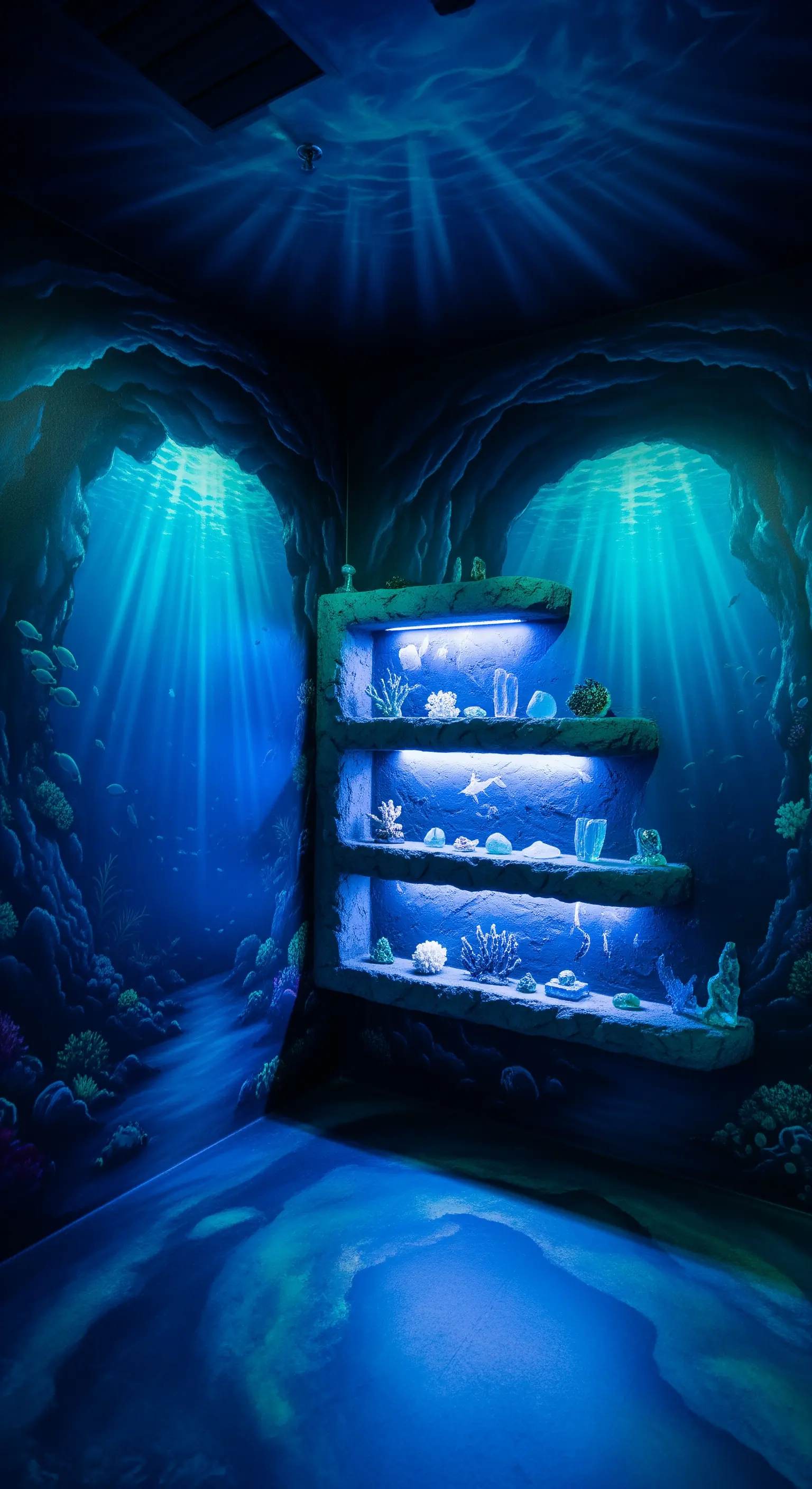 Angolo con murale di una grotta sottomarina e mensole in pietra illuminate da luci LED blu.