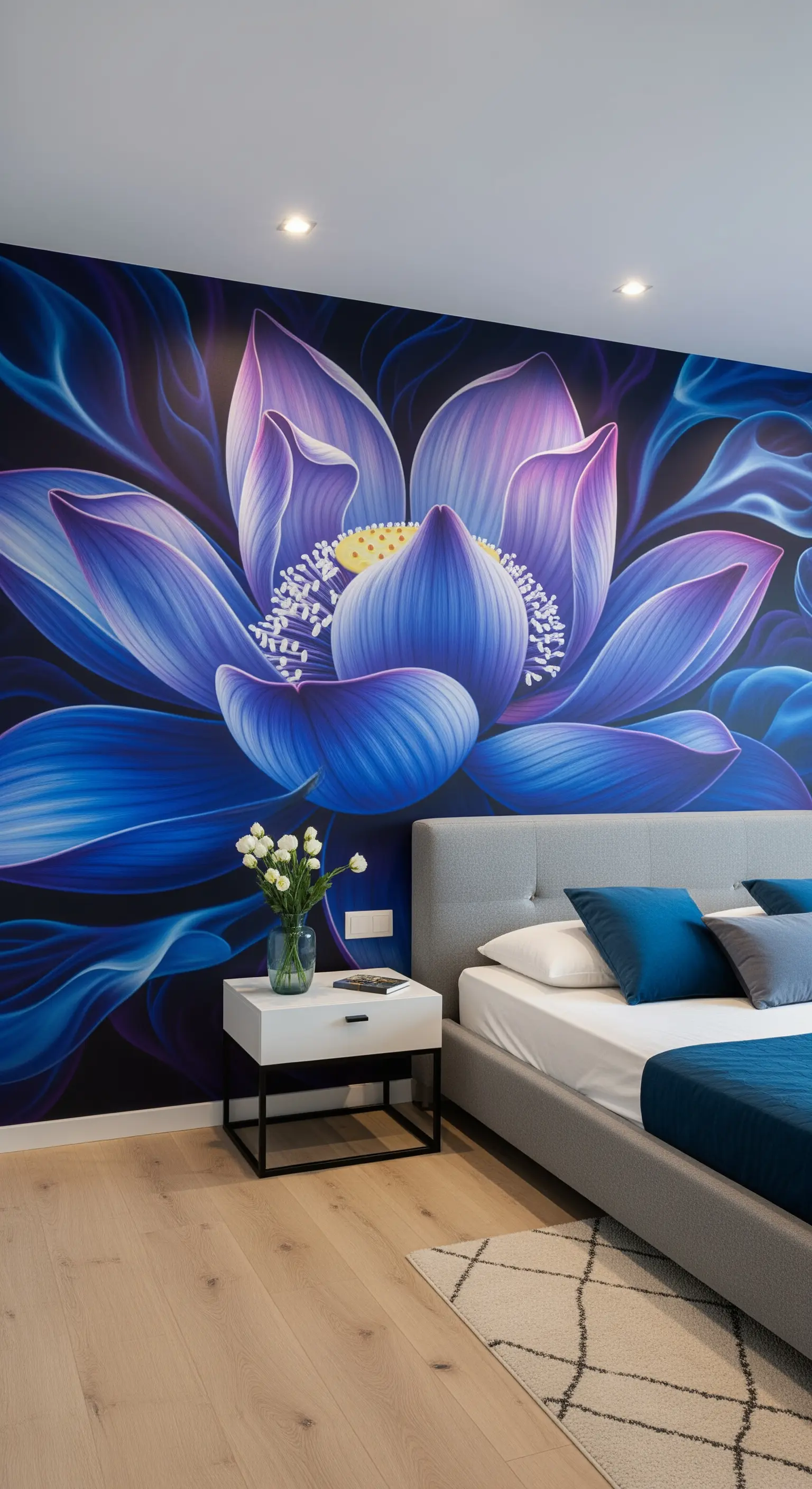 Gigantesco fiore di loto blu dipinto su una parete dietro a un letto grigio minimalista.