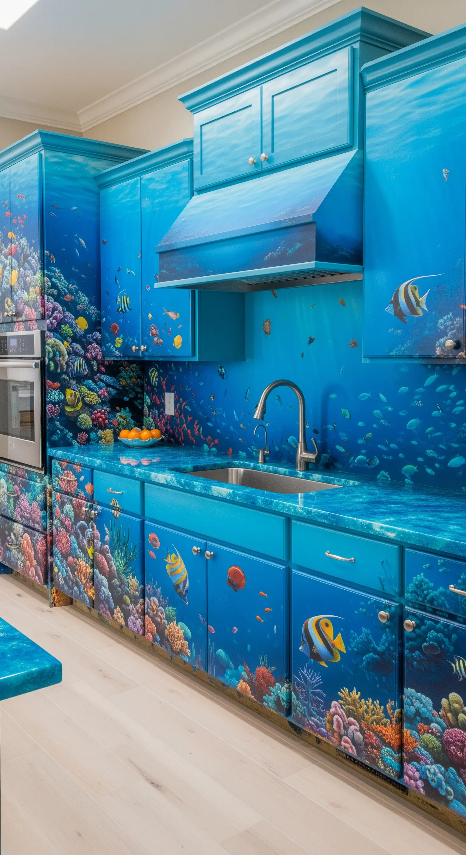 Cucina interamente rivestita con una stampa a tema barriera corallina.