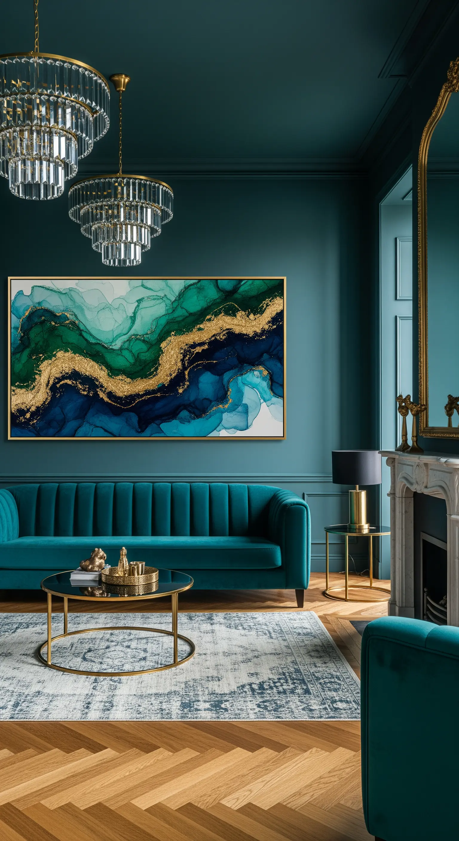 Salotto blu petrolio con divano in velluto e un quadro astratto con accenti dorati.
