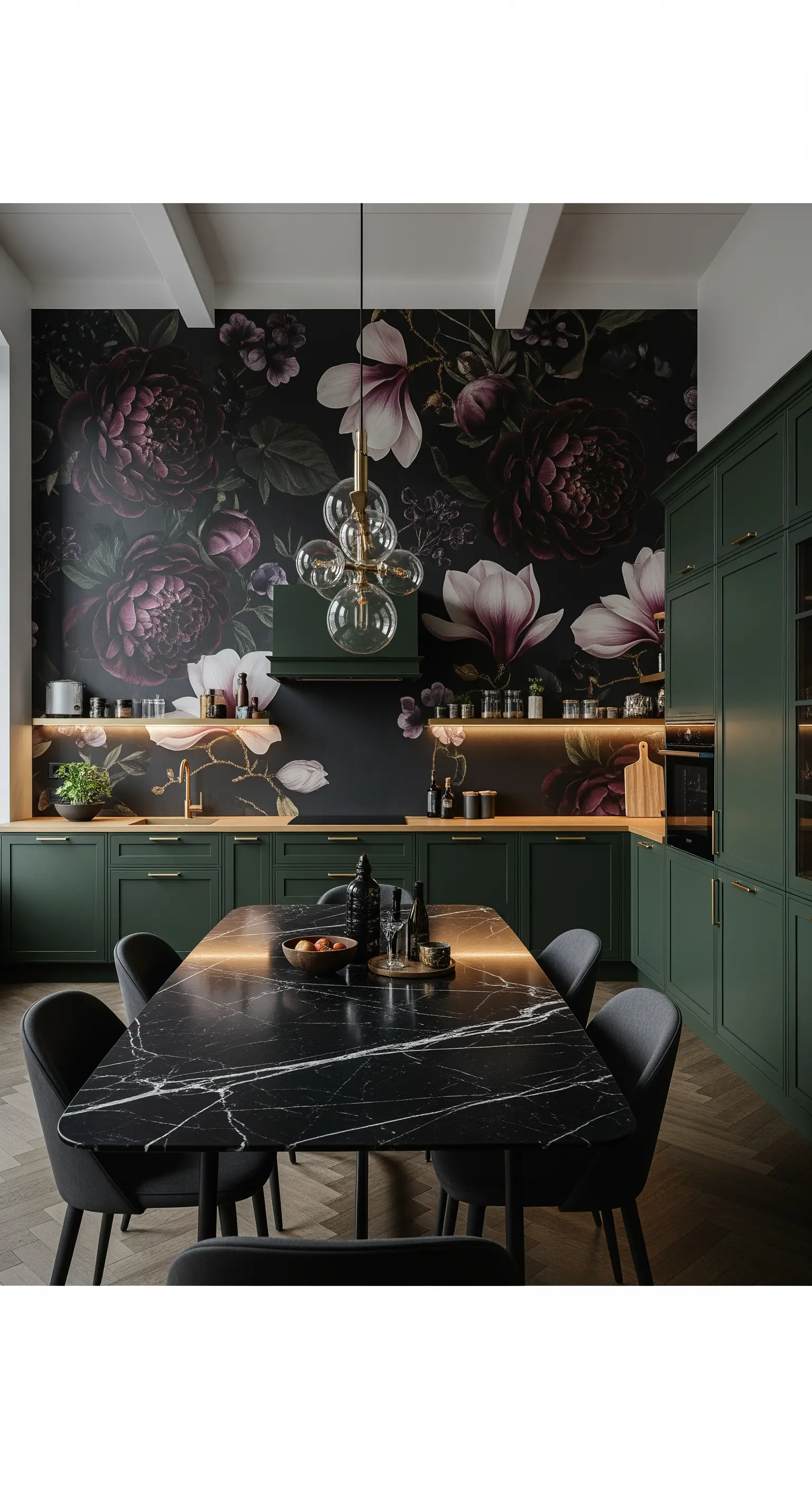 Cucina verde scuro con carta da parati floreale dark e tavolo in marmo nero.