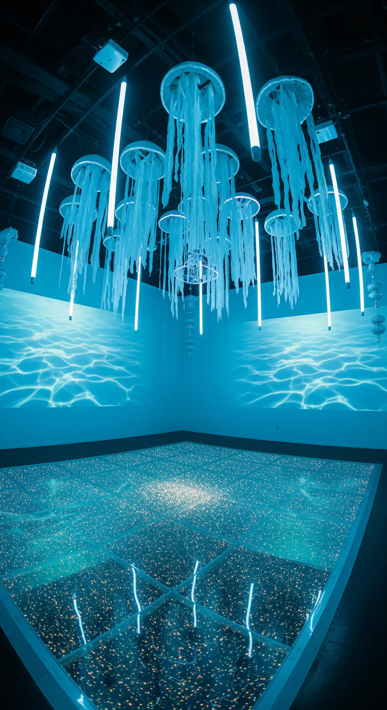 Allestimento a tema marino con luci a forma di medusa e proiezioni d'acqua.