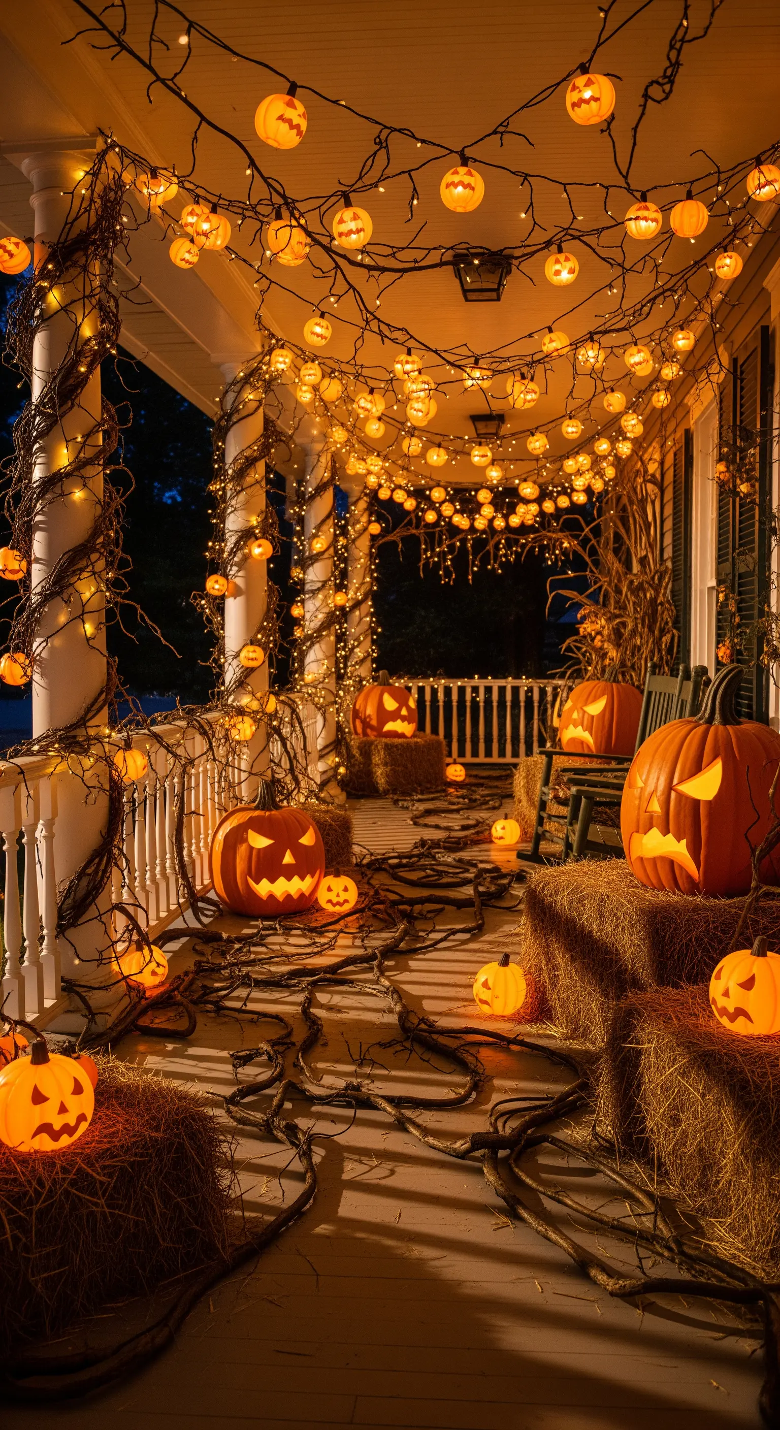 Un portico completamente avvolto da luci a forma di zucca e rami secchi, creando un tunnel luminoso.