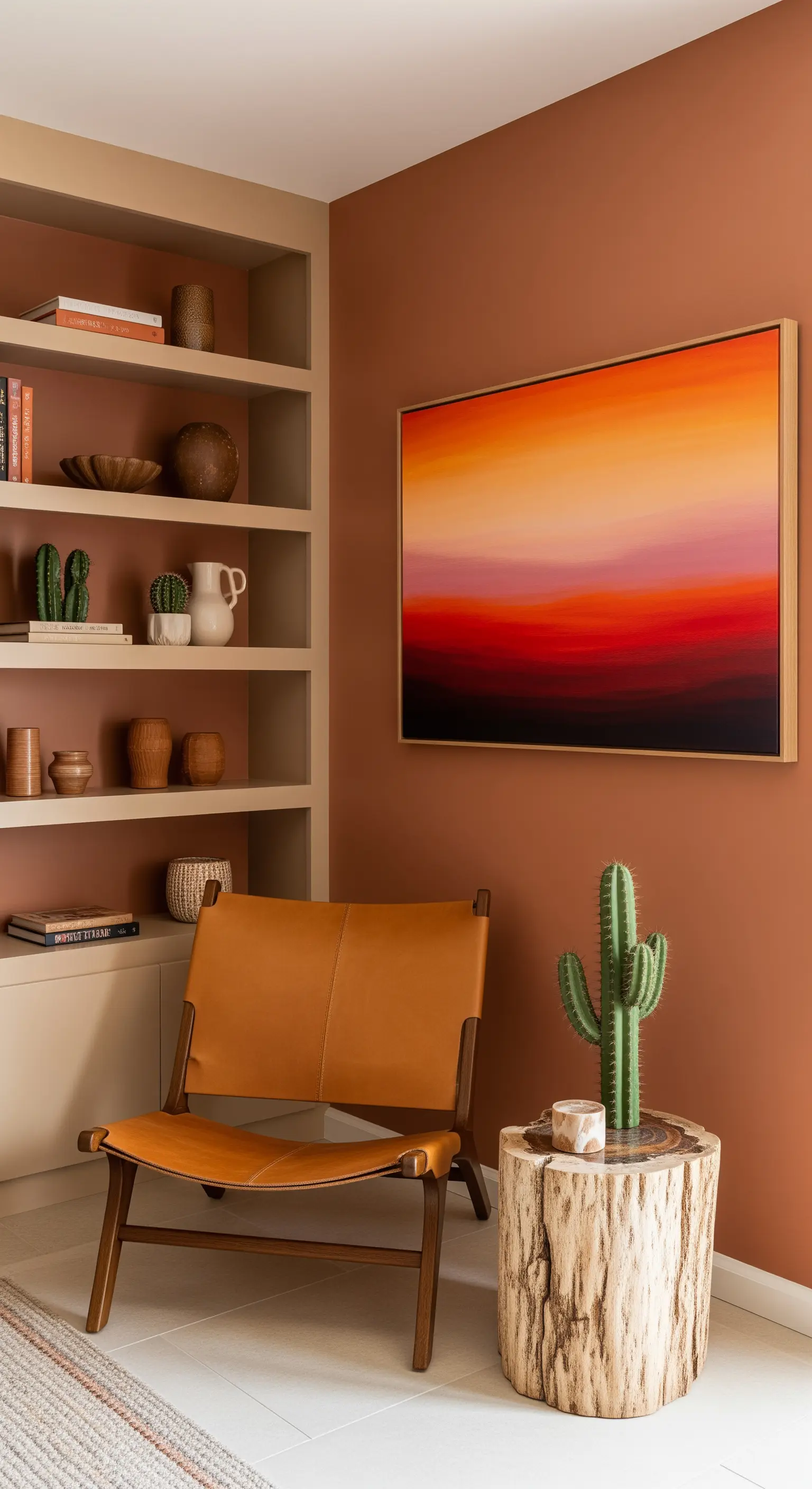 Angolo con pareti e libreria color terracotta, sedia in pelle e quadro con i colori del tramonto.