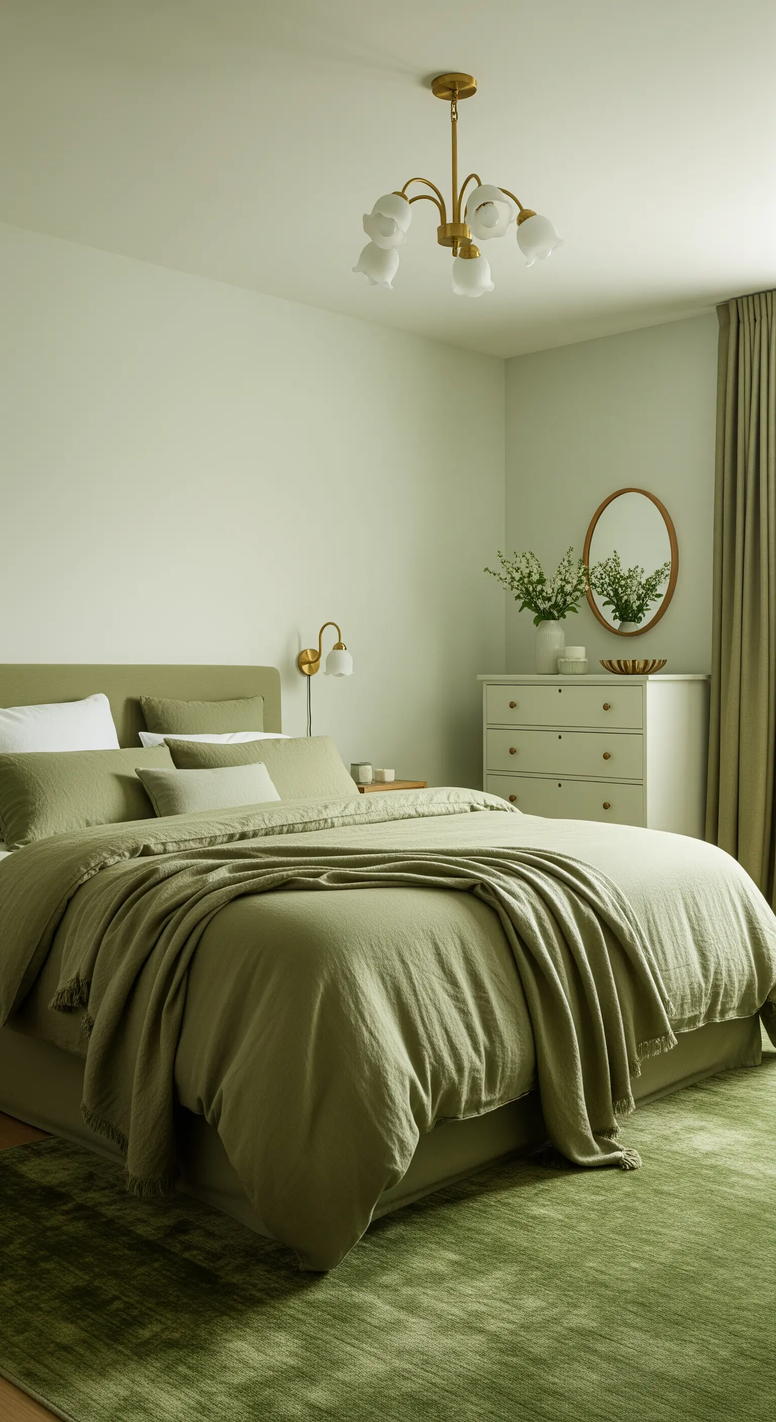 Camera da letto monocromatica nei toni del verde salvia, dal tappeto alle tende.
