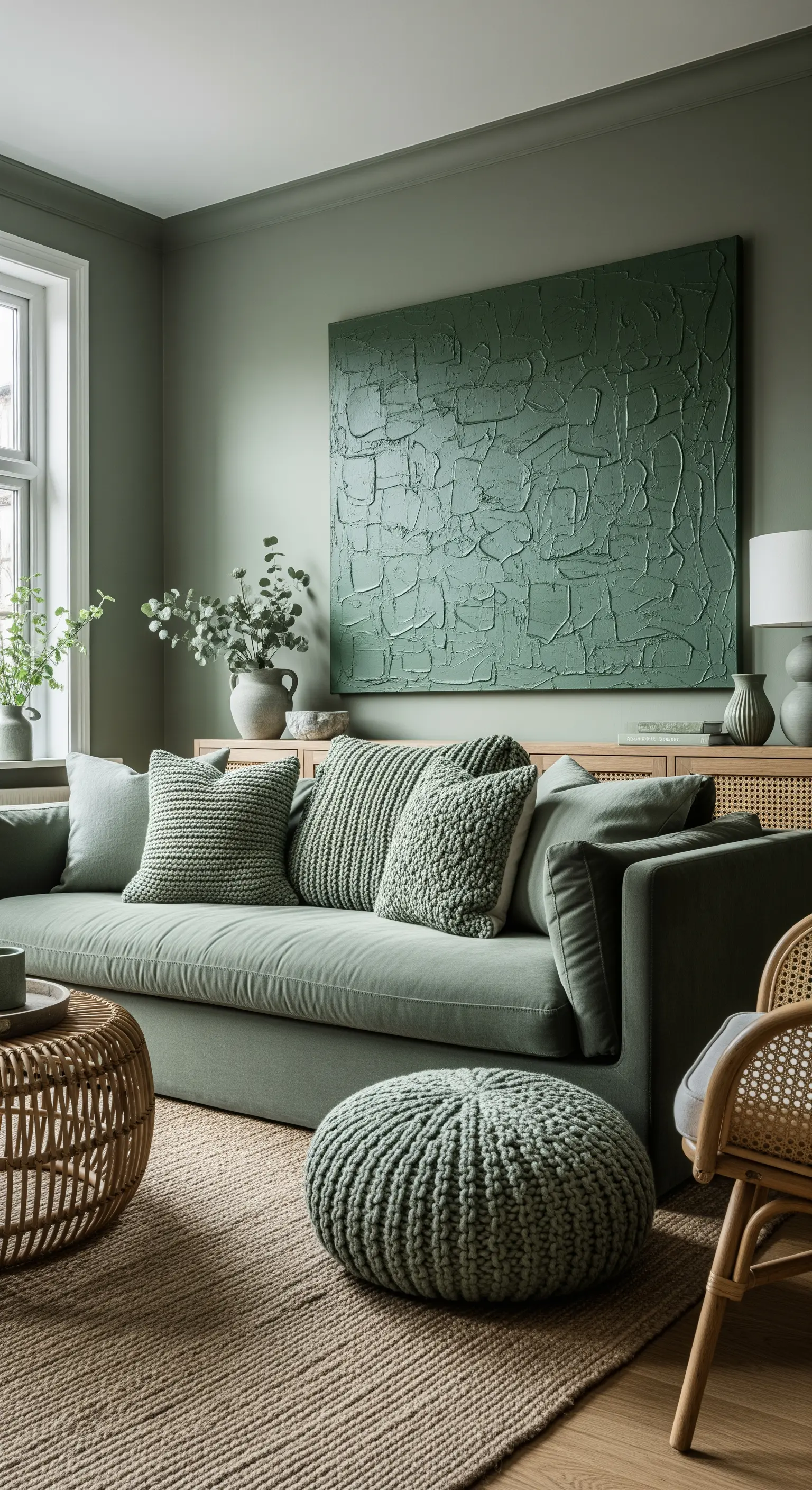 Salotto monocromatico verde salvia, con divano, cuscini e opera d'arte nella stessa tonalità.