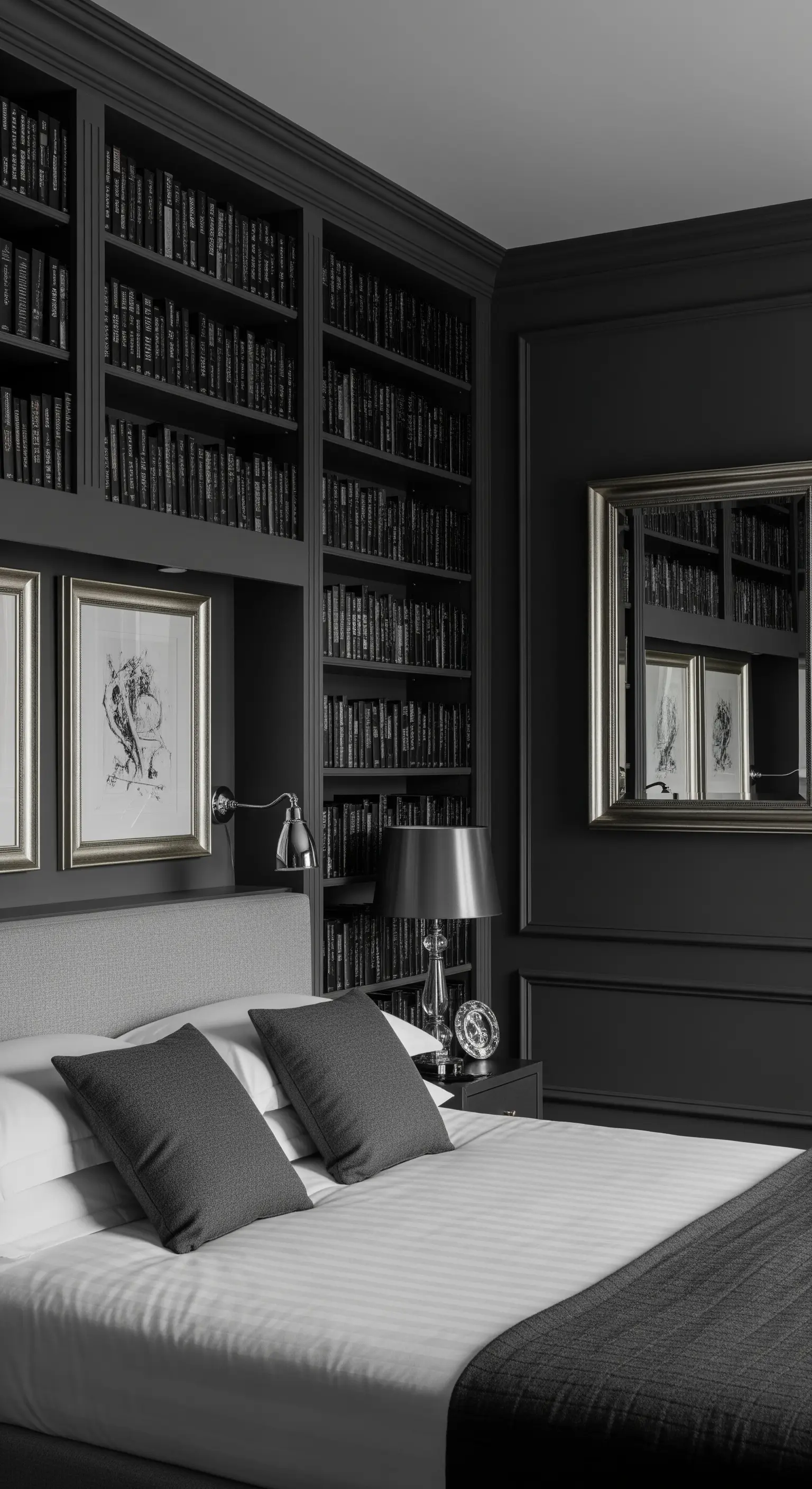 Camera da letto grigio scuro con libreria integrata dello stesso colore.