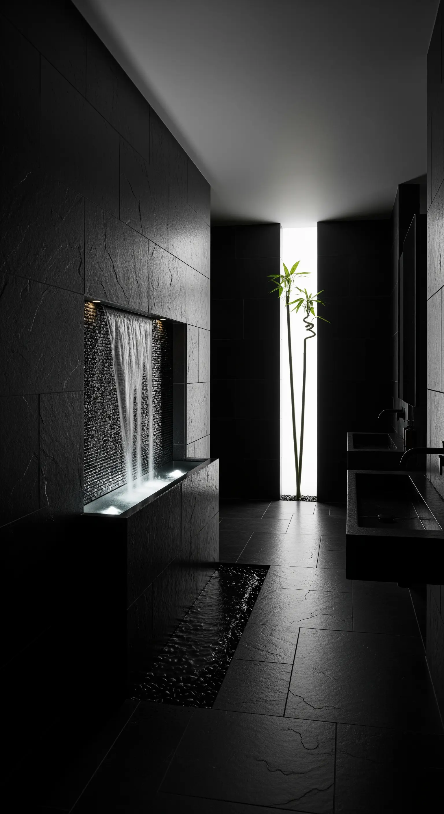 Bagno scuro in ardesia con cascata illuminata e un filo di luce che rivela steli di bambù.