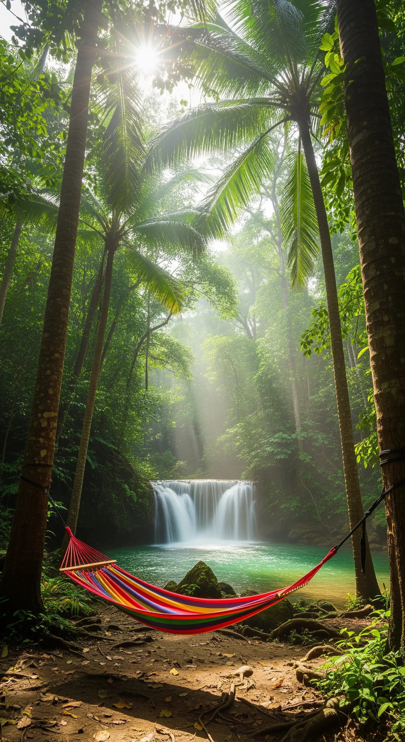 Amaca multicolore tesa tra due palme in una foresta lussureggiante, con una cascata sullo sfondo