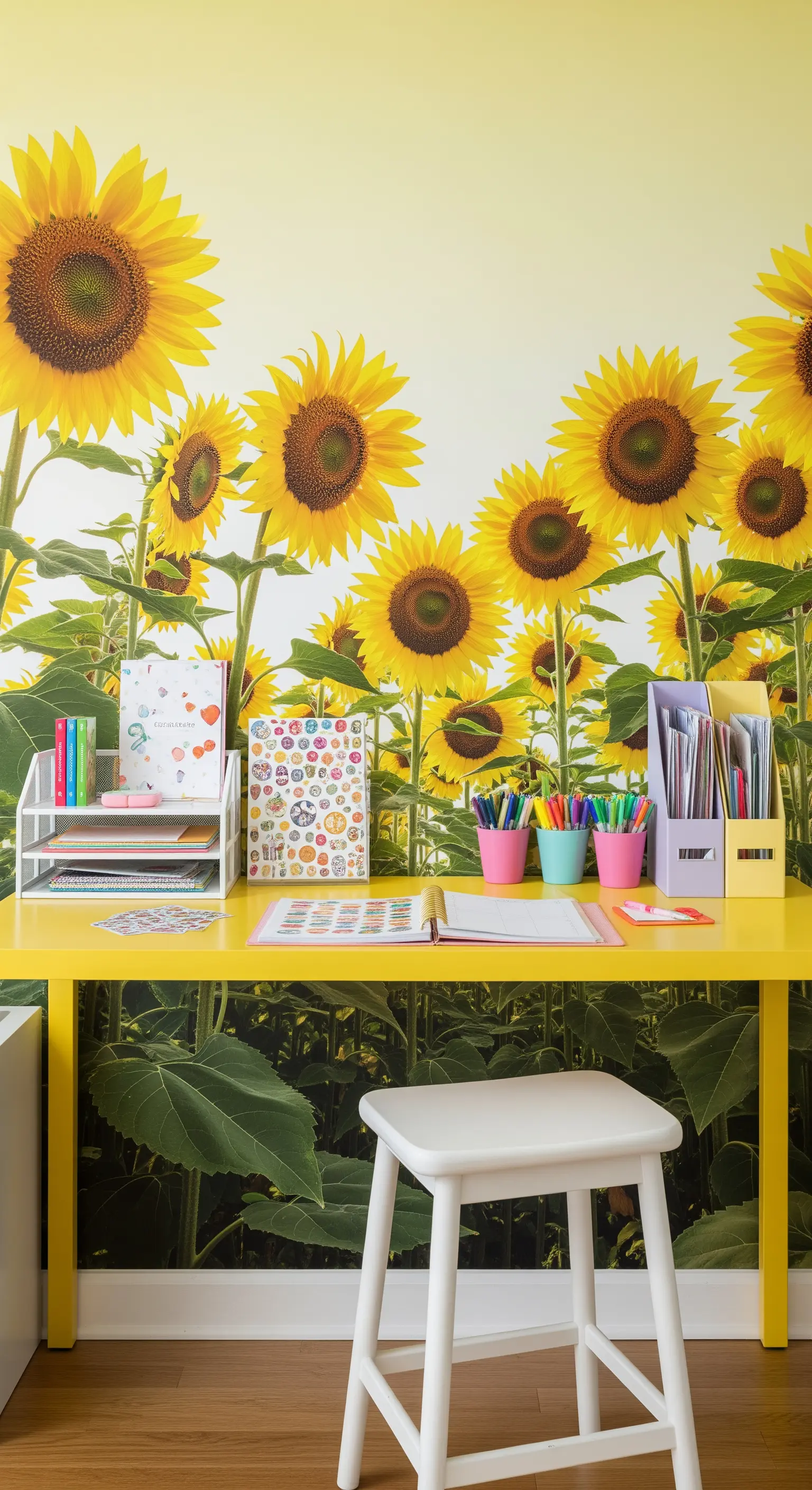 Scrivania gialla per bambini davanti a un murale a tutta parete di un campo di girasoli.