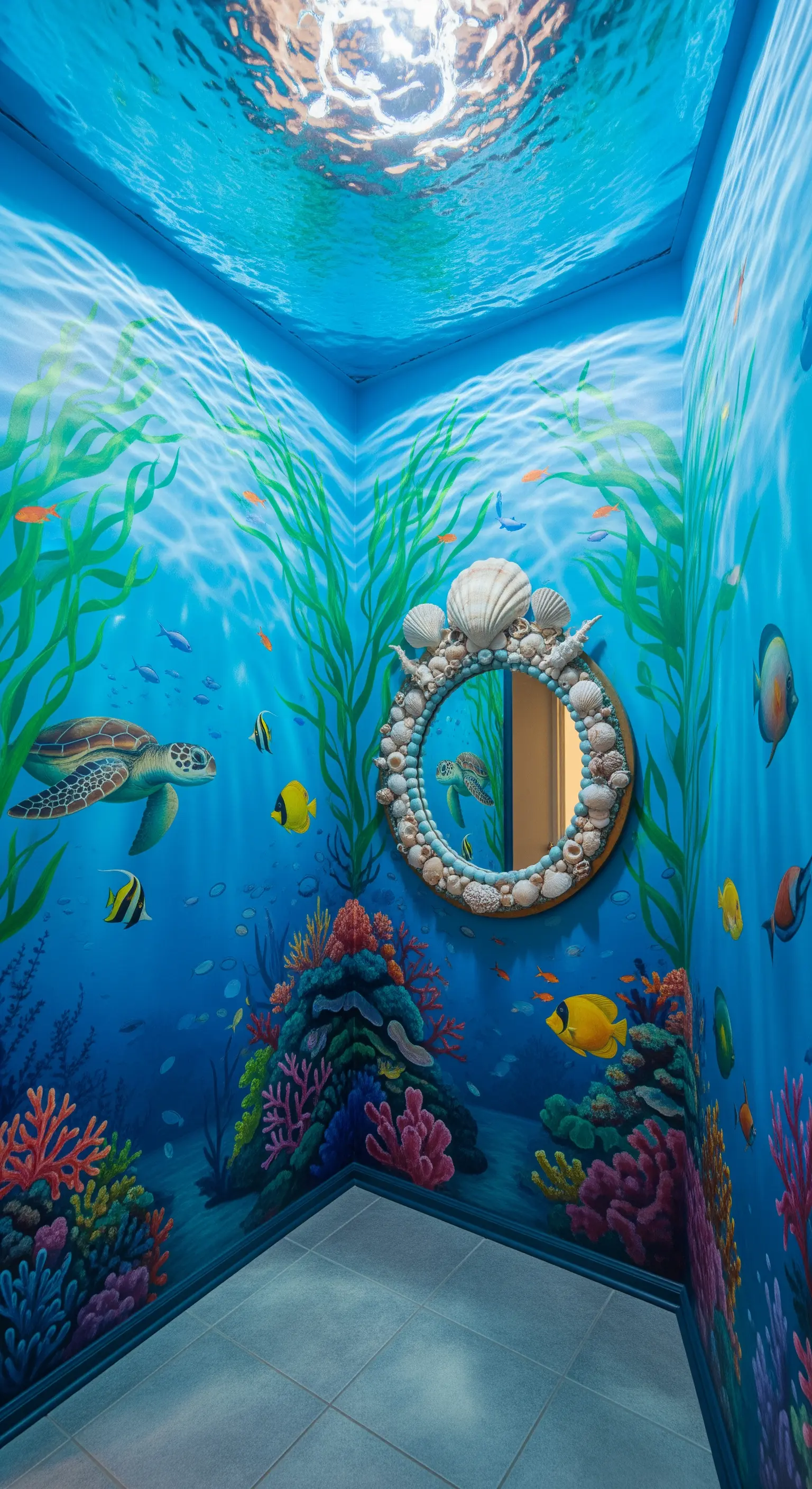 Piccolo bagno interamente dipinto con un murale sottomarino e uno specchio con cornice di conchiglie.