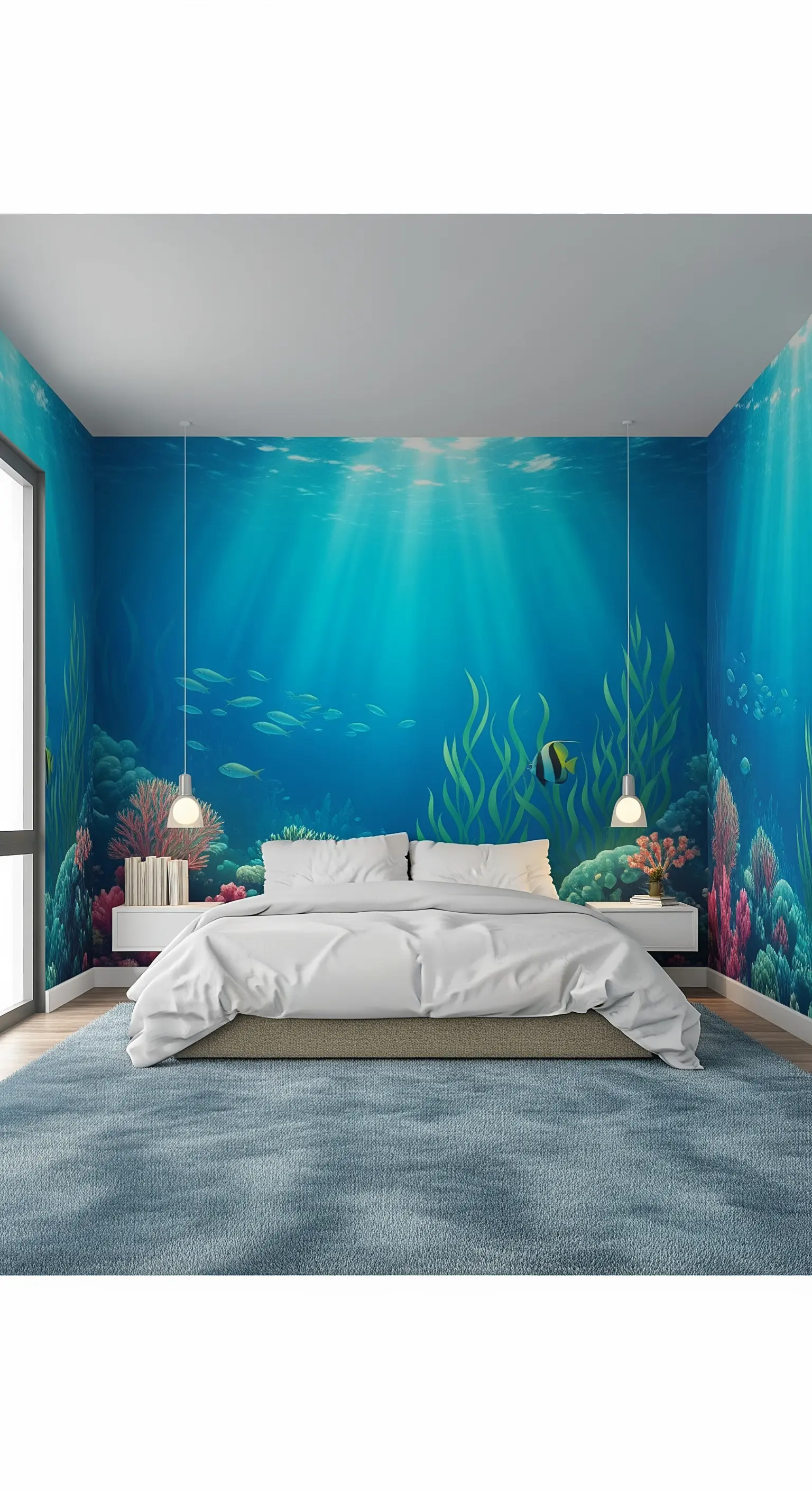 Camera da letto interamente rivestita con un murale di un fondale marino illuminato dal sole.