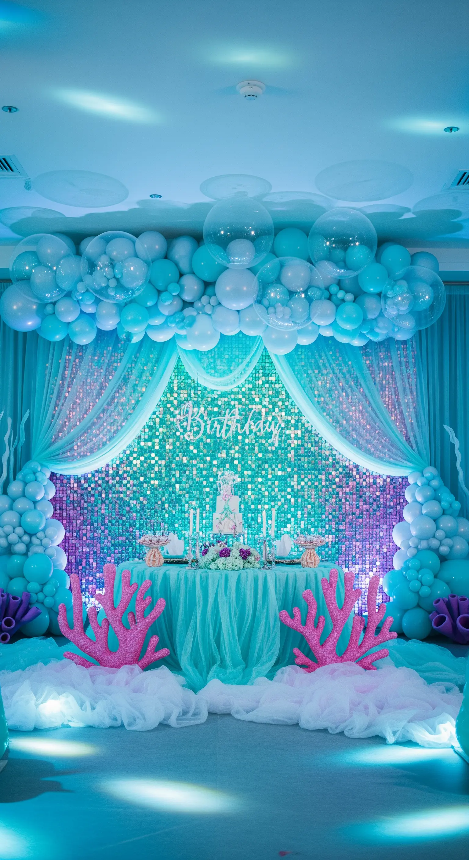 Allestimento a tema sirena con palloncini blu, tulle e fondale di paillettes.