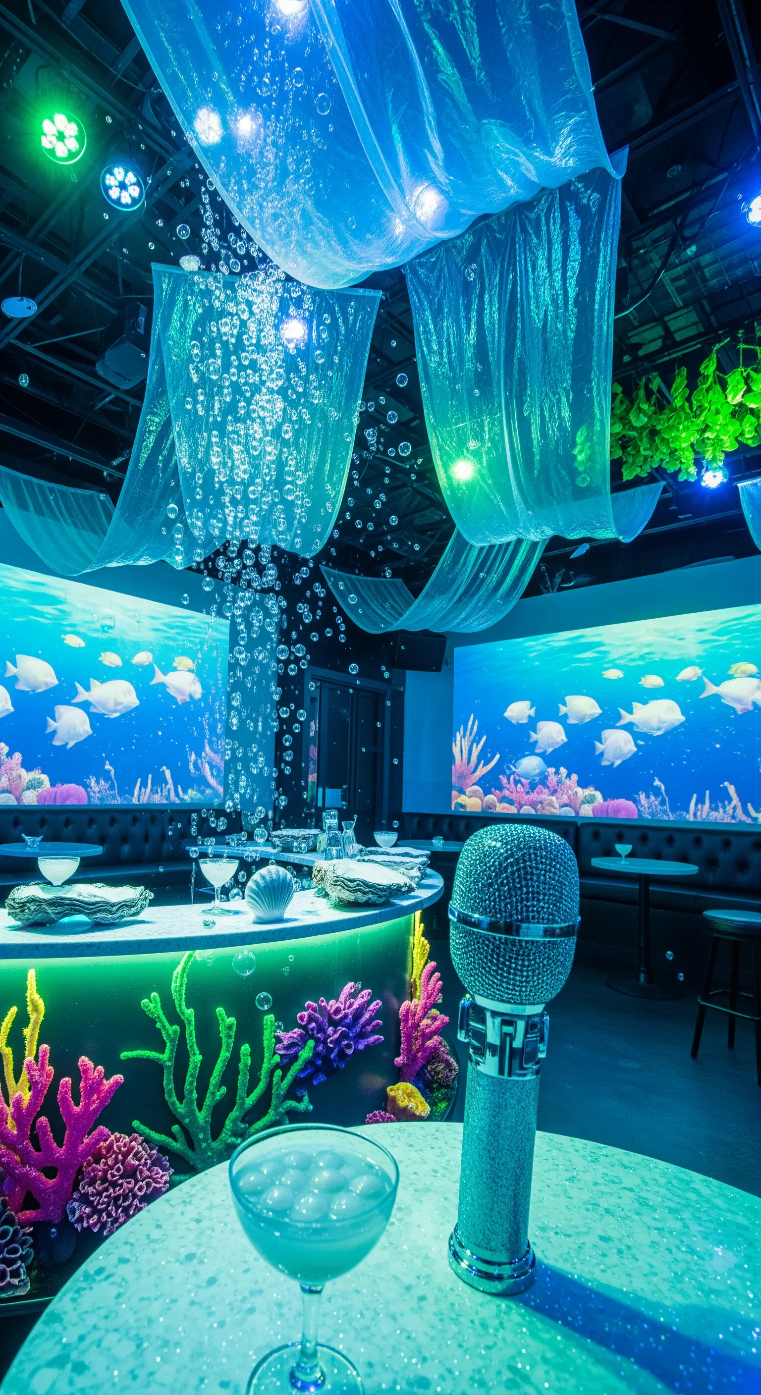 Karaoke a tema sottomarino con proiezioni di pesci, luci blu e decorazioni a forma di corallo.