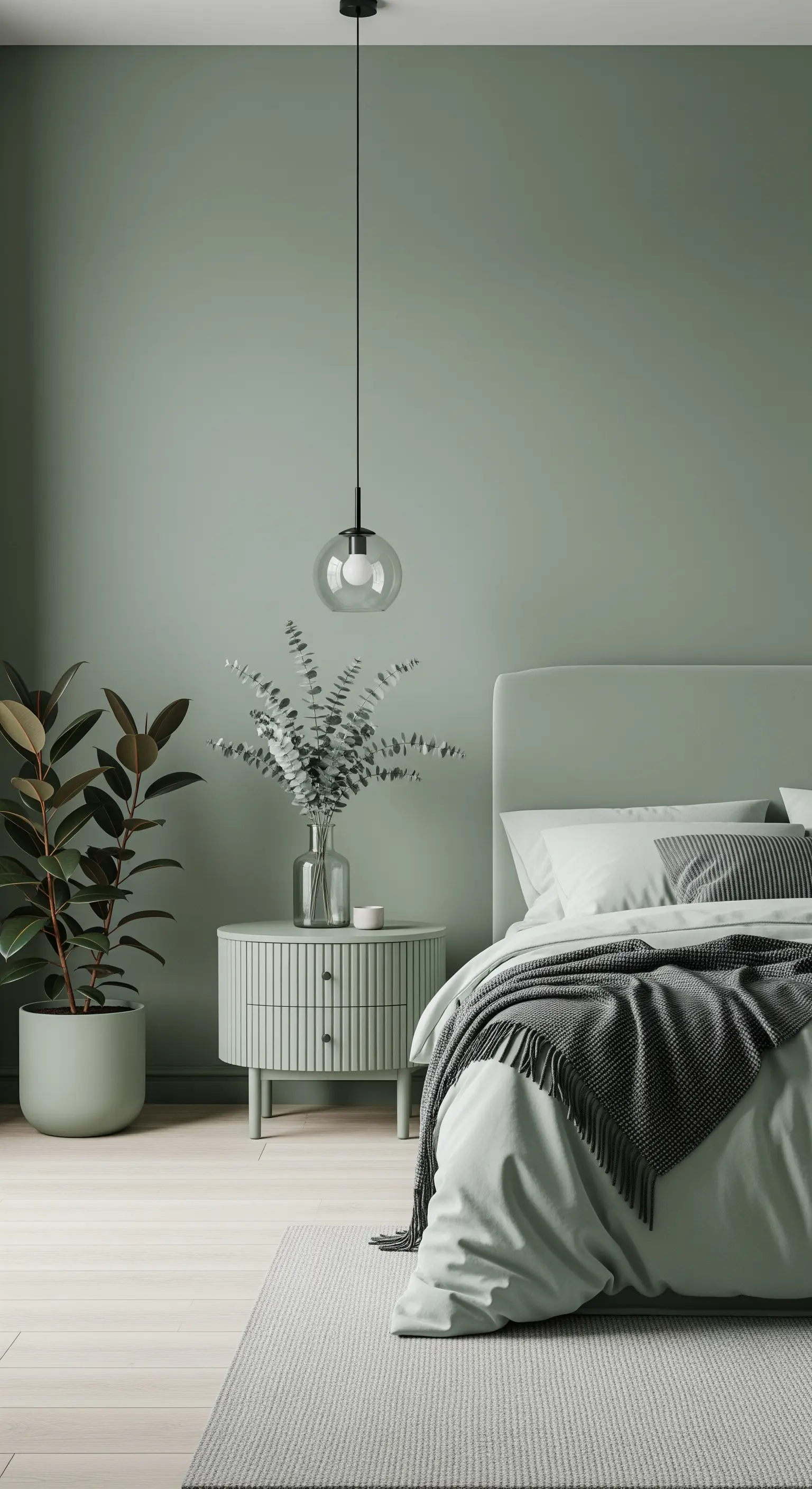 Camera da letto monocromatica verde salvia, con piante che si fondono con la palette.