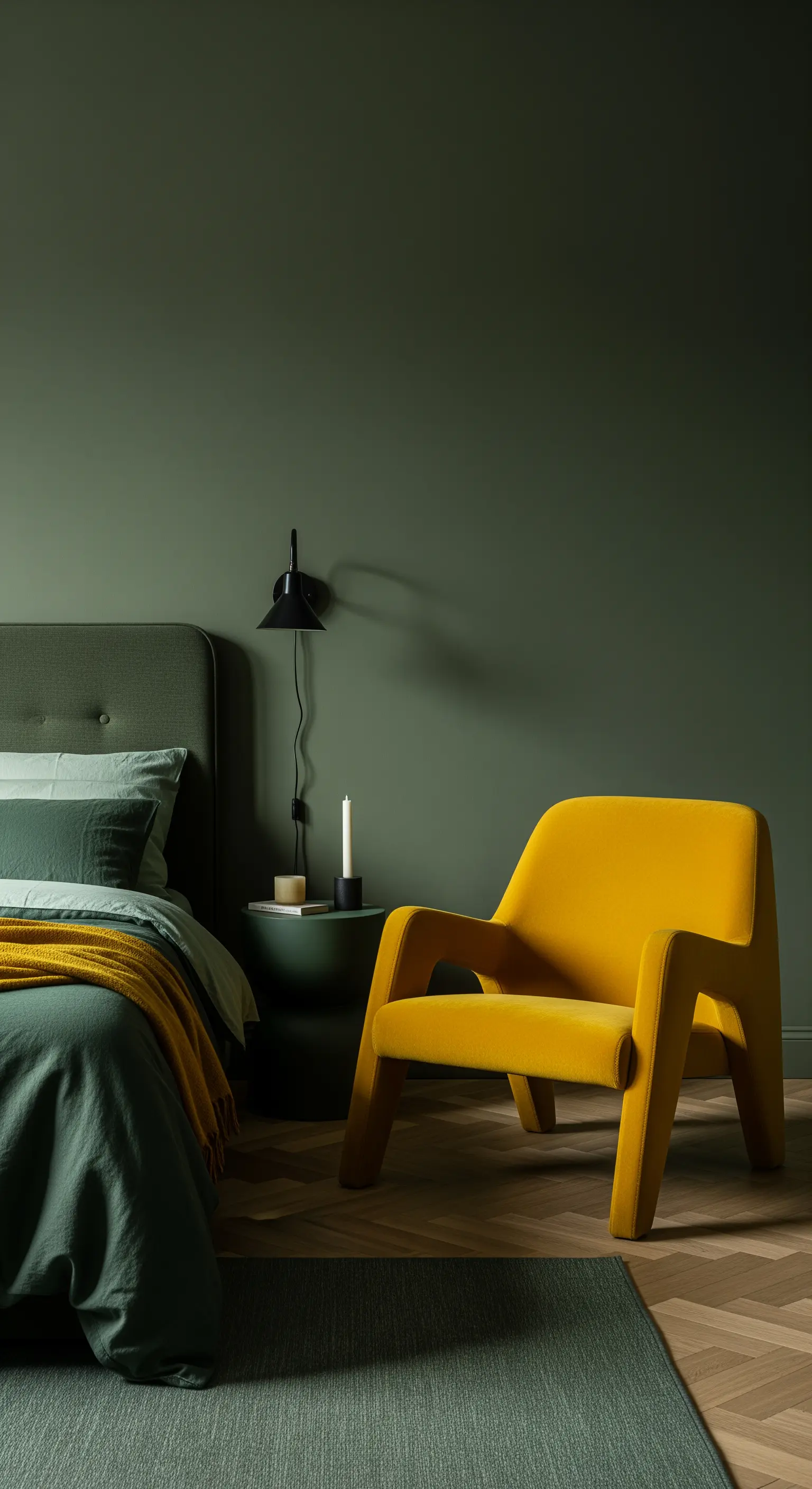 Ambiente monocromatico verde oliva con poltrona di design color senape come punto focale.