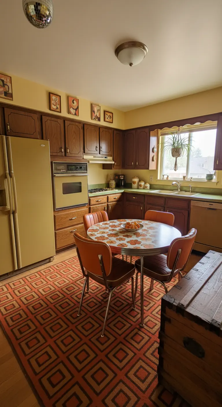 Cucina retrò anni '70 con mobili in legno, elettrodomestici gialli e tappeto geometrico.