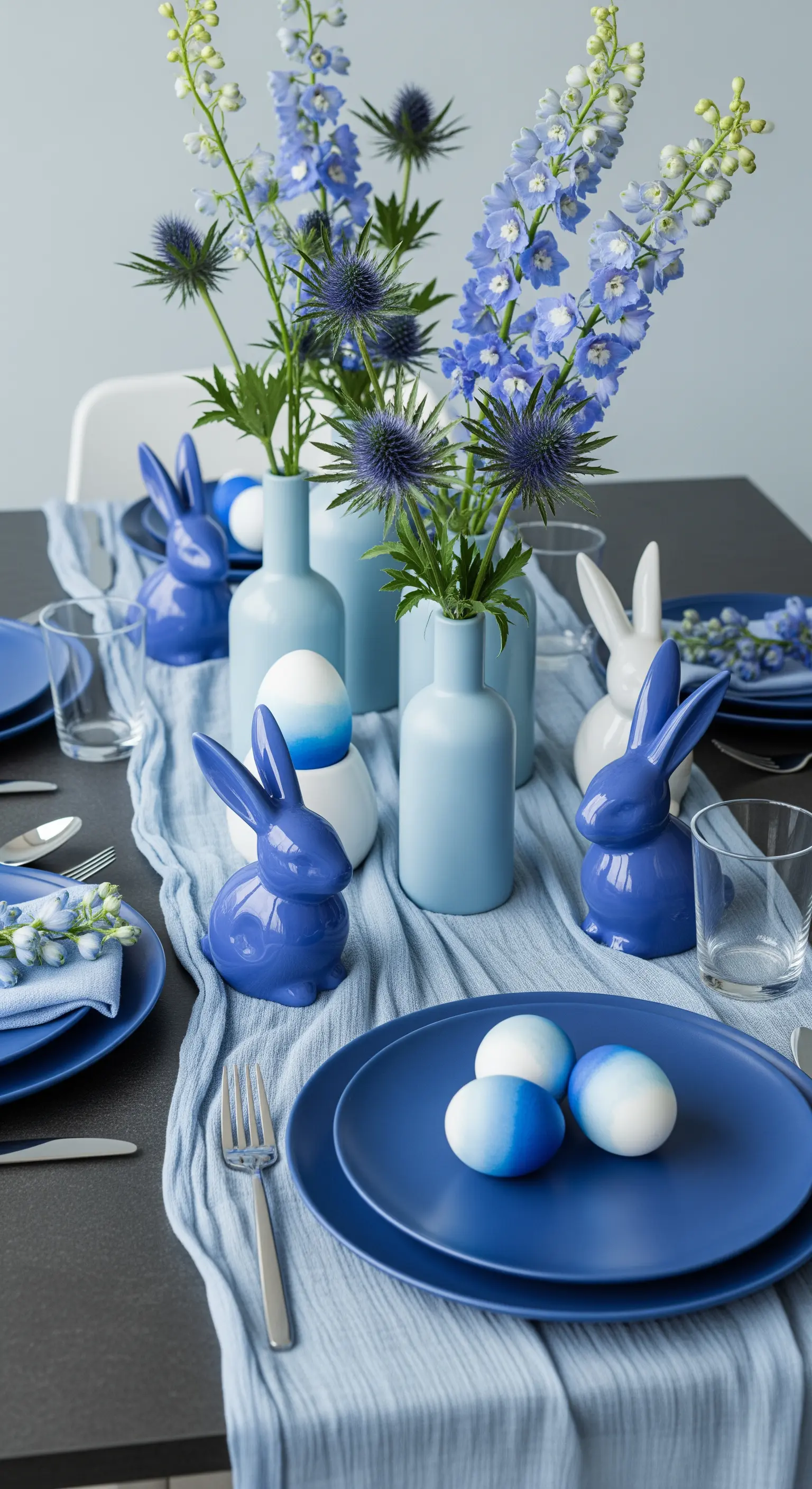 Tavola pasquale monocromatica con diverse sfumature di blu per piatti, runner e fiori