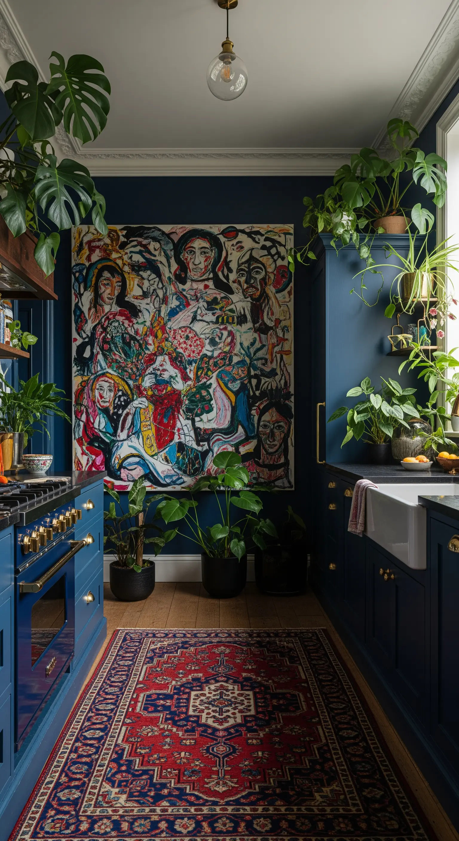 Cucina blu scuro con un grande quadro astratto, tappeto persiano e abbondanti piante verdi.