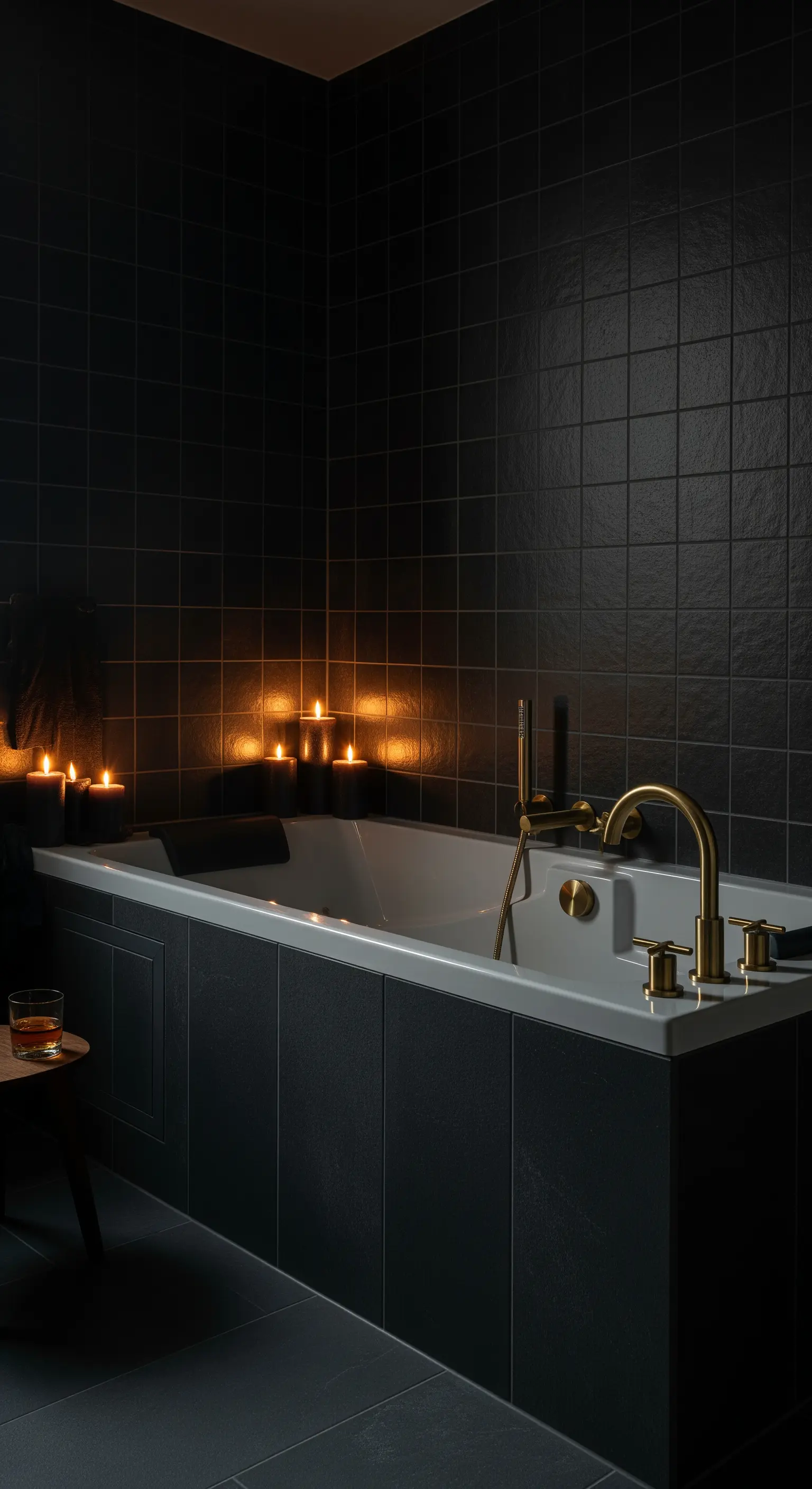 Bagno total black con piastrelle scure, rubinetteria dorata e candele accese.