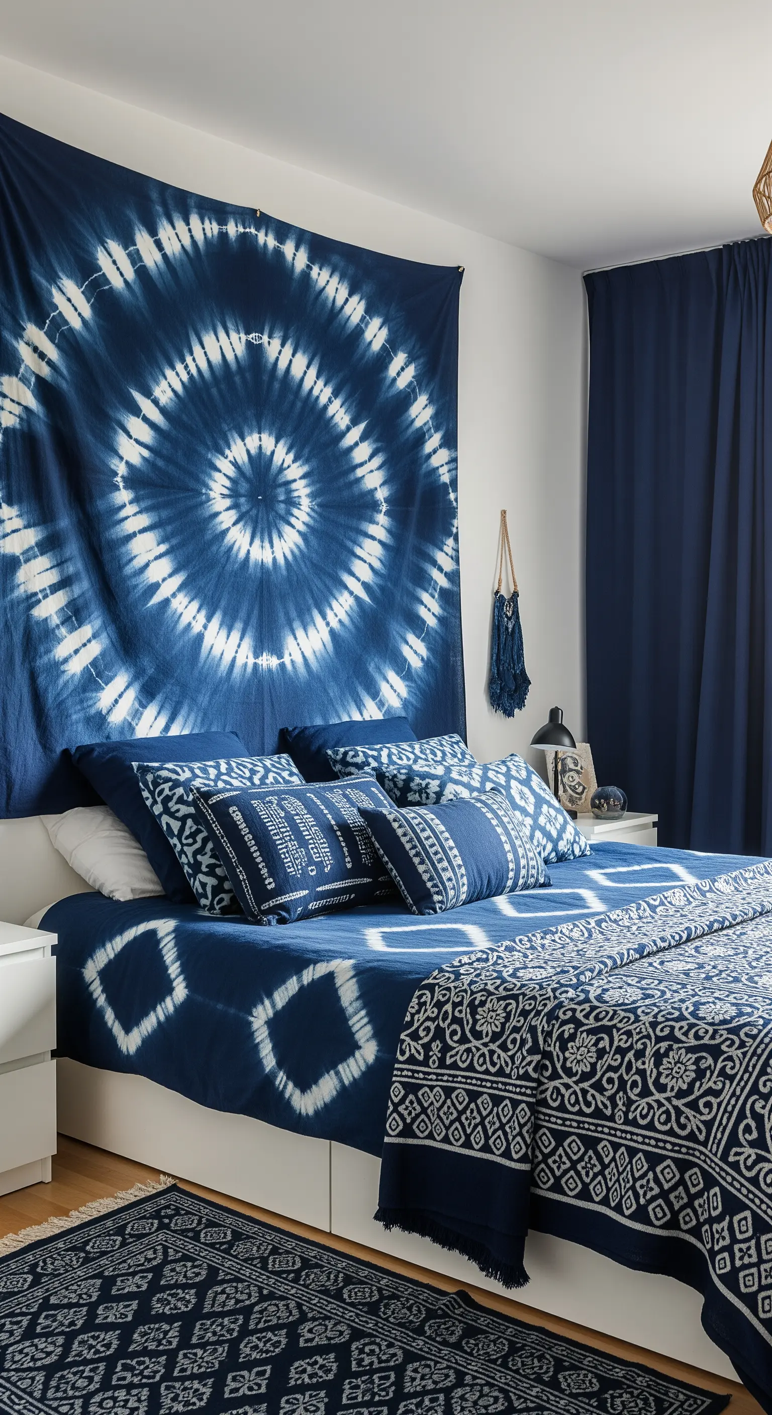 Camera da letto total-blue con arazzo tie-dye, biancheria e tappeto in varie tonalità di indaco.