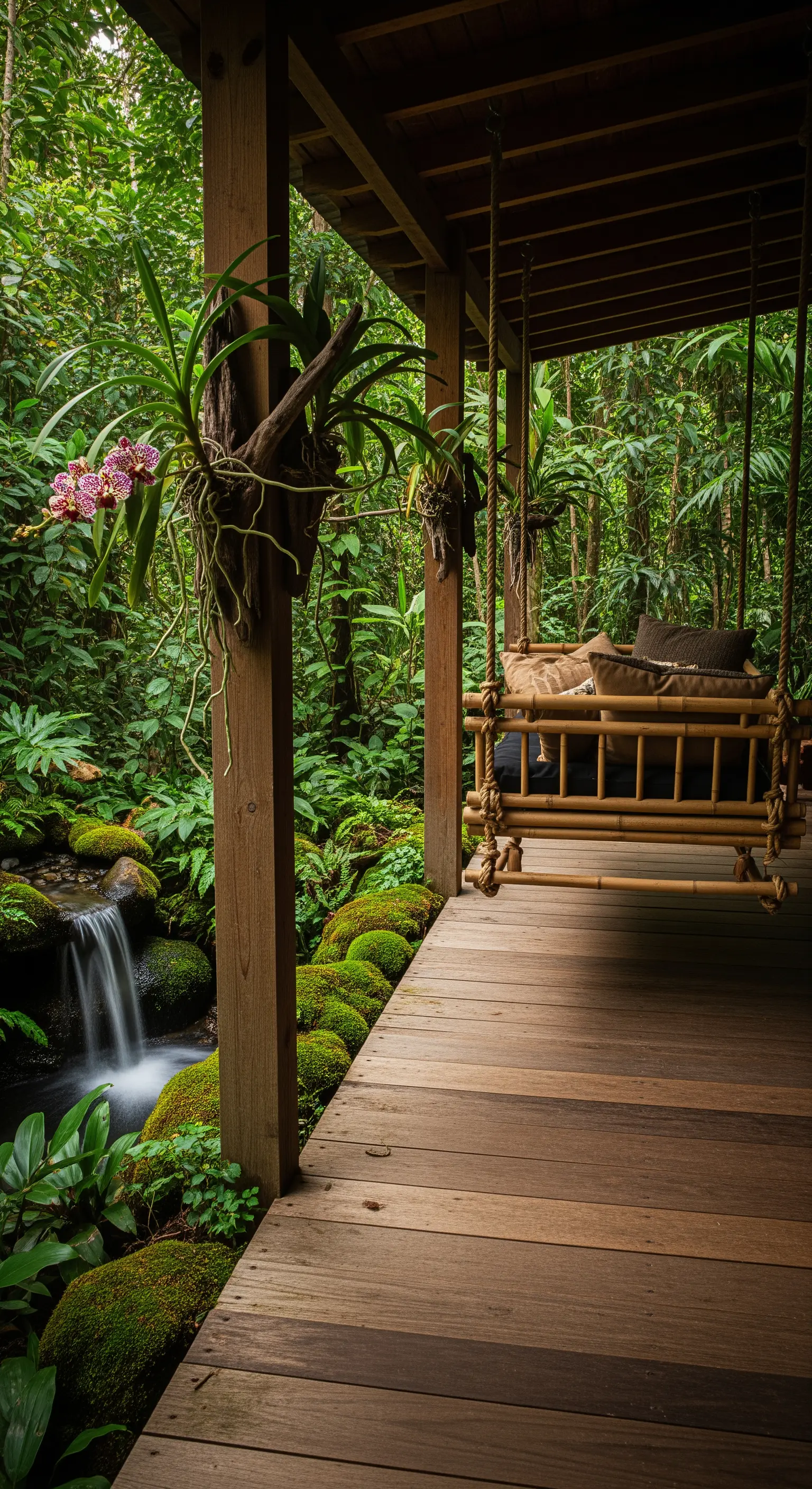Dondolo in bambù sospeso su un portico in legno affacciato sulla foresta e un ruscello.
