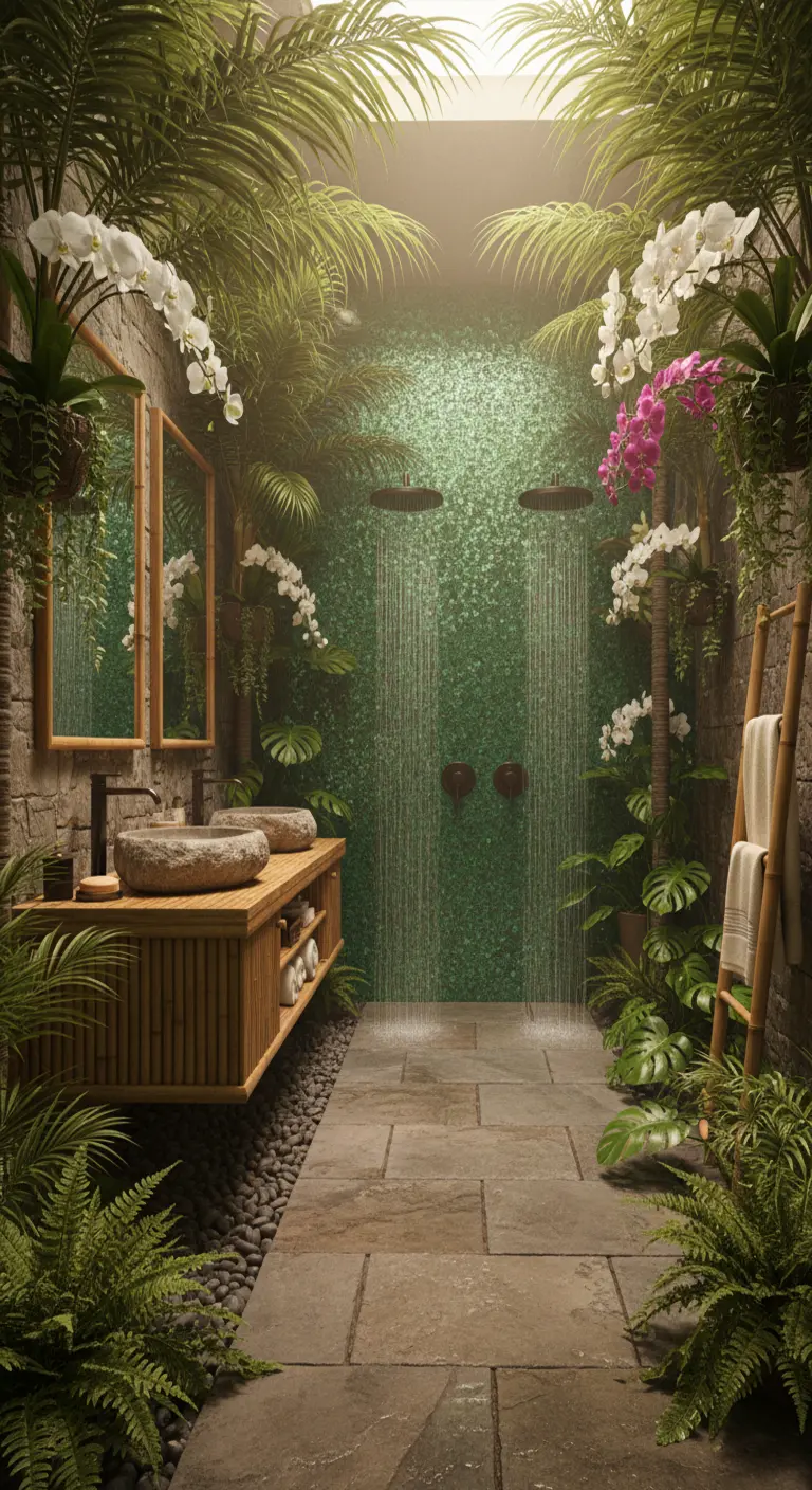Bagno a tema tropicale con doppia doccia, parete a mosaico verde, piante e lavabi in pietra.