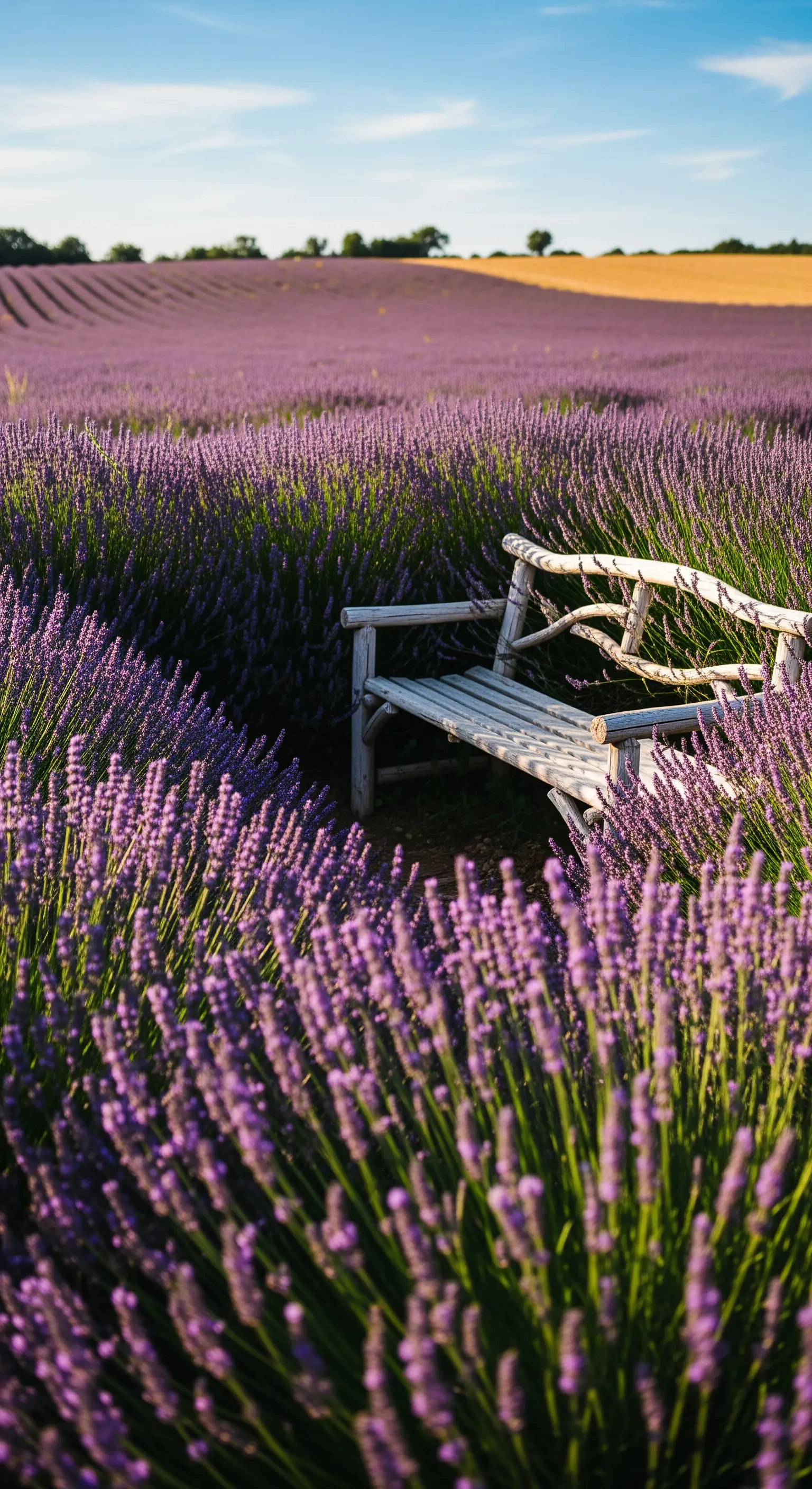 Panchina rustica in legno sbiancato immersa in un vasto campo di lavanda in fiore.