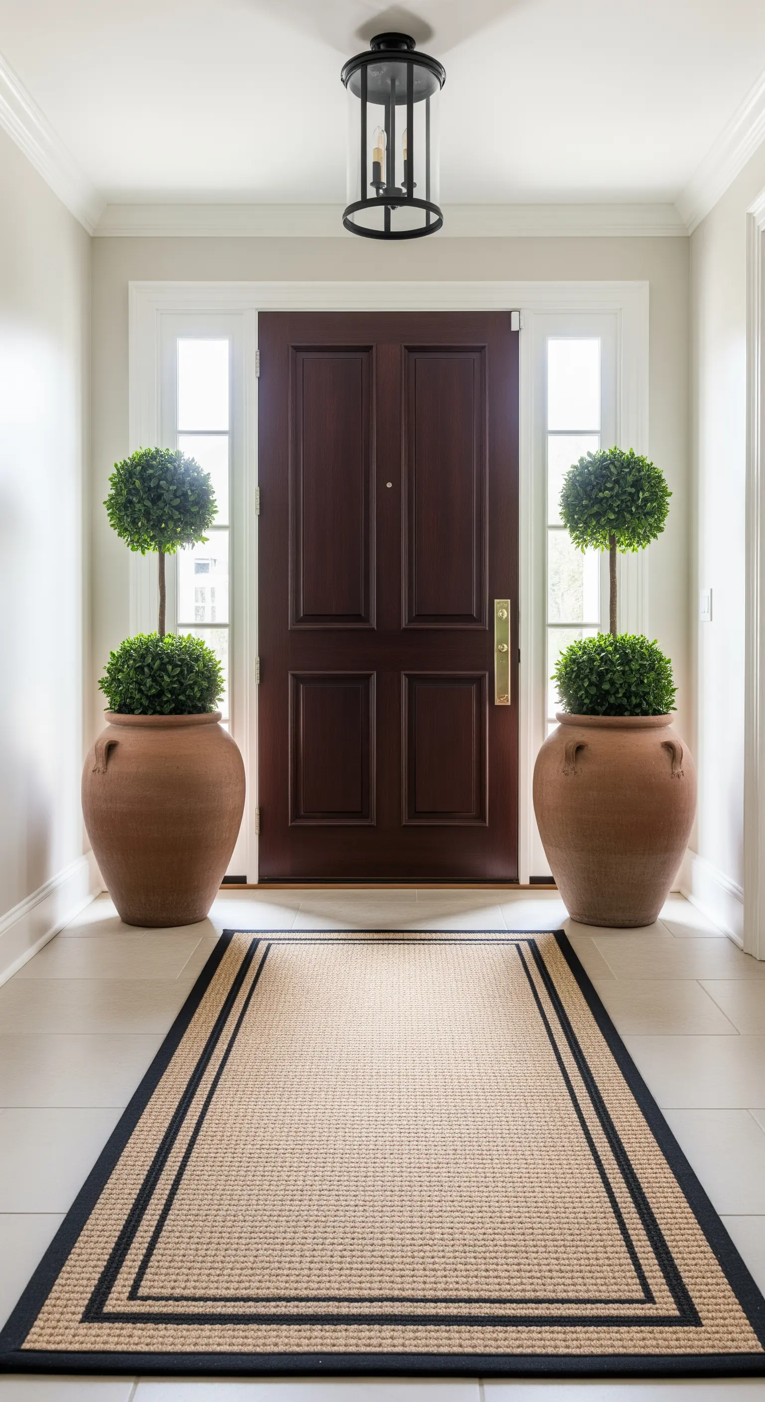 Ingresso formale con due grandi vasi in terracotta con piante topiarie che fiancheggiano una porta scura.