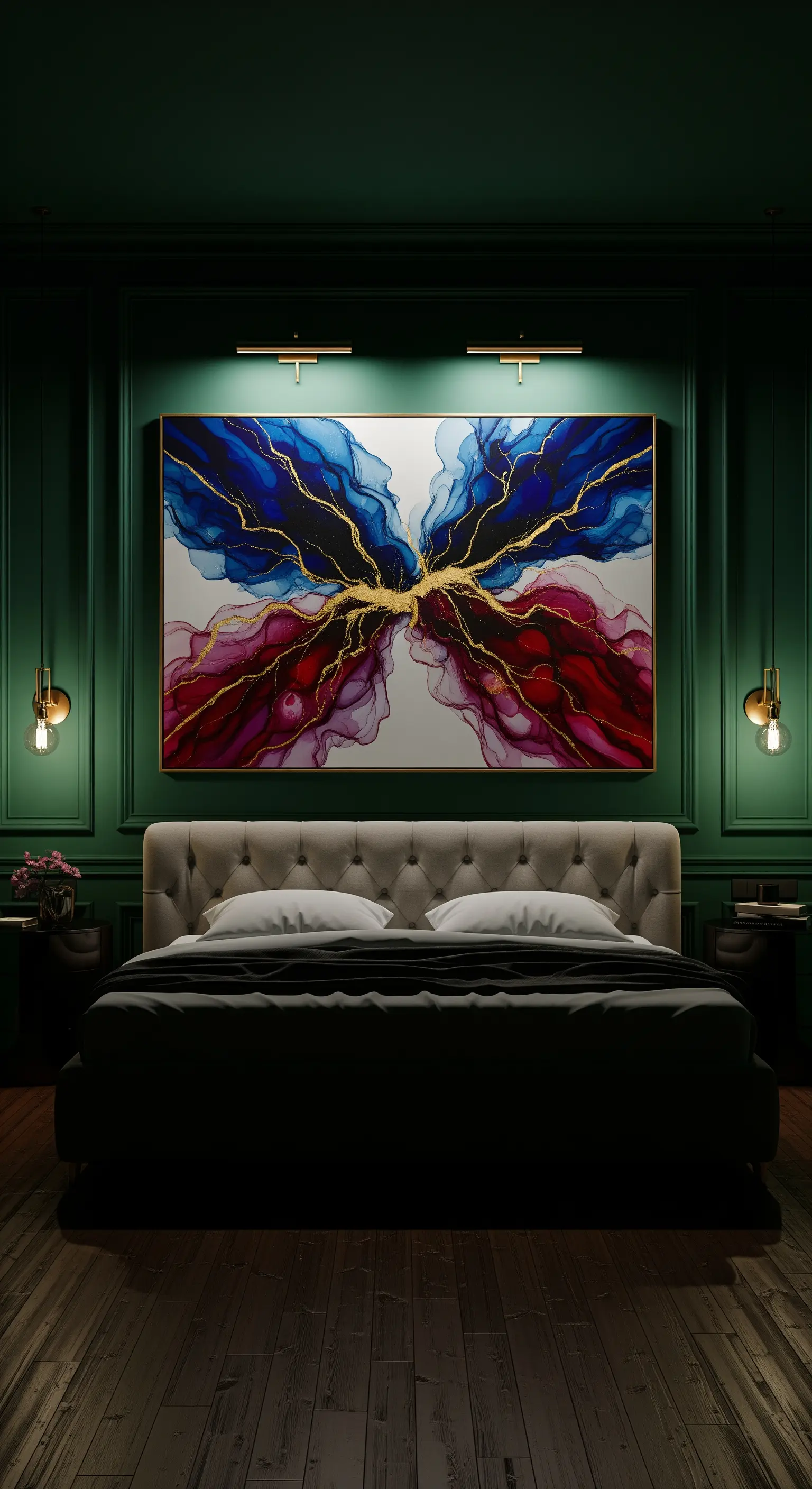 Quadro astratto con inchiostri rossi e blu, illuminato da faretti e applique su una parete verde scuro.