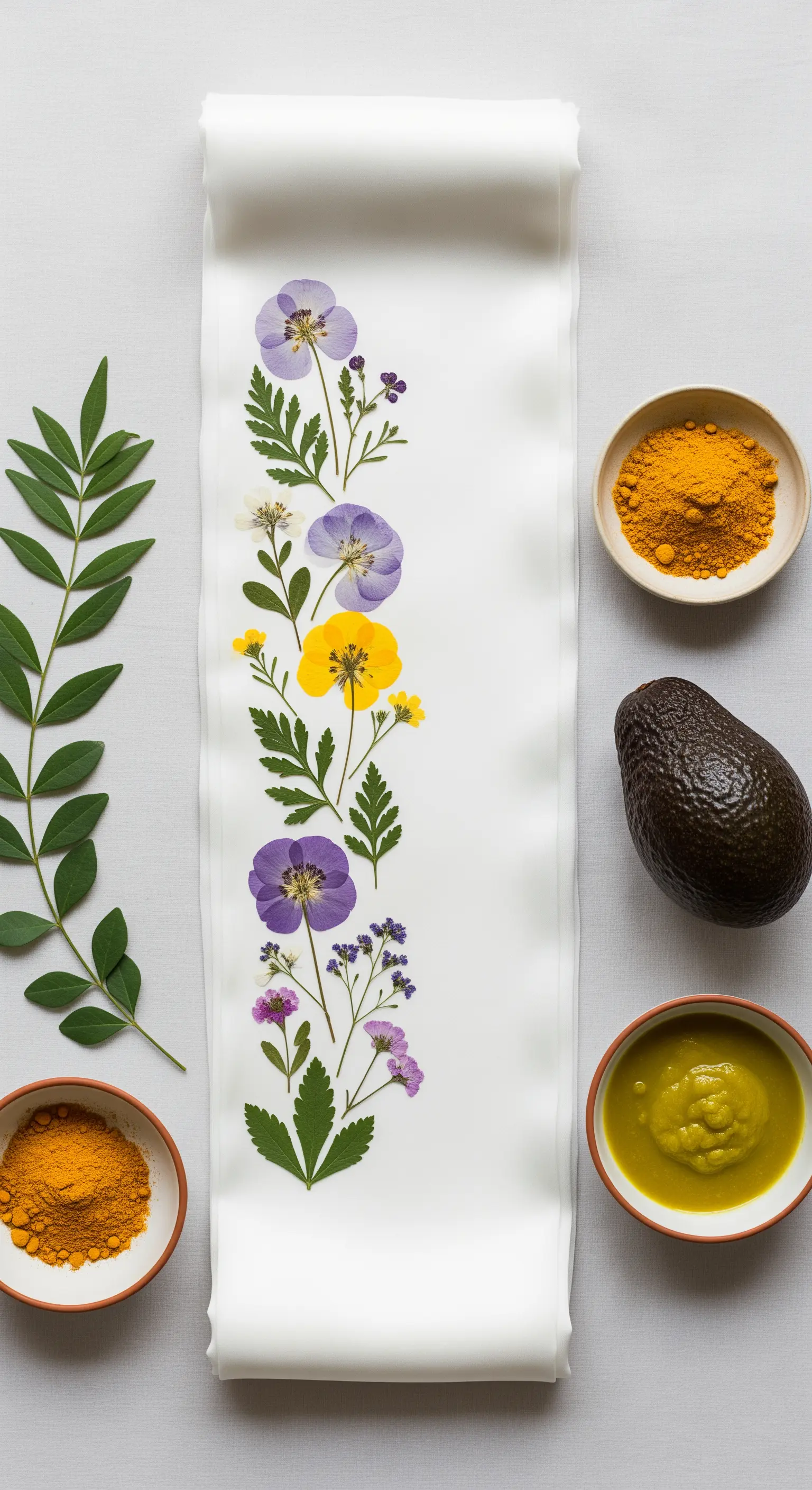 Striscia di tessuto bianco decorata con fiori freschi pressati per estrarne i pigmenti naturali.