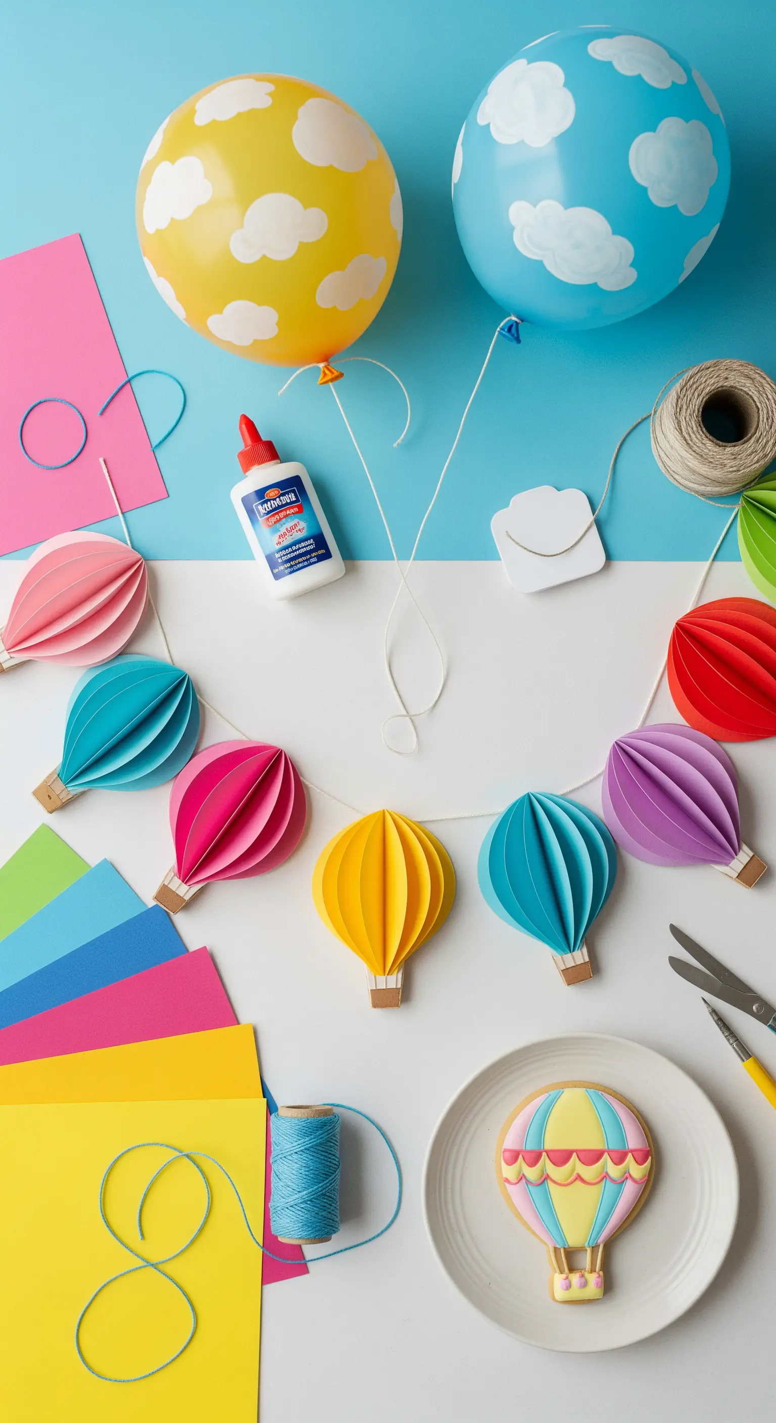 Materiali per festa a tema mongolfiera: ghirlanda, palloncini e biscotti decorati.