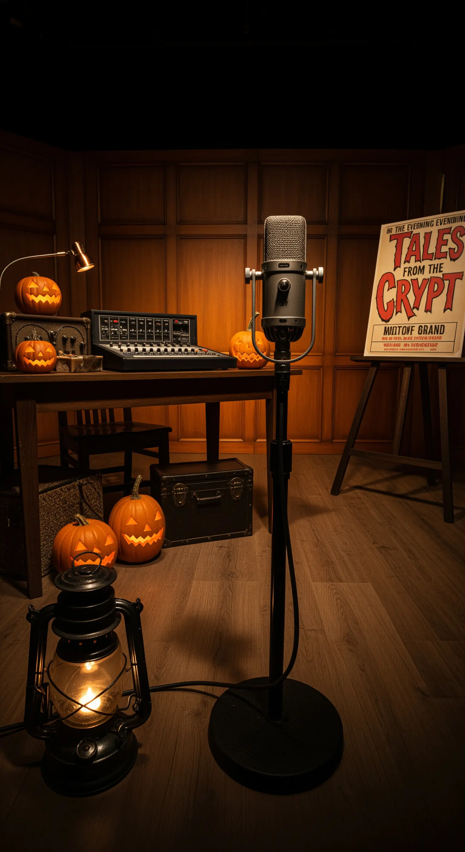 Scrivania allestita come uno studio radiofonico vintage con microfono, poster e zucche di Halloween.