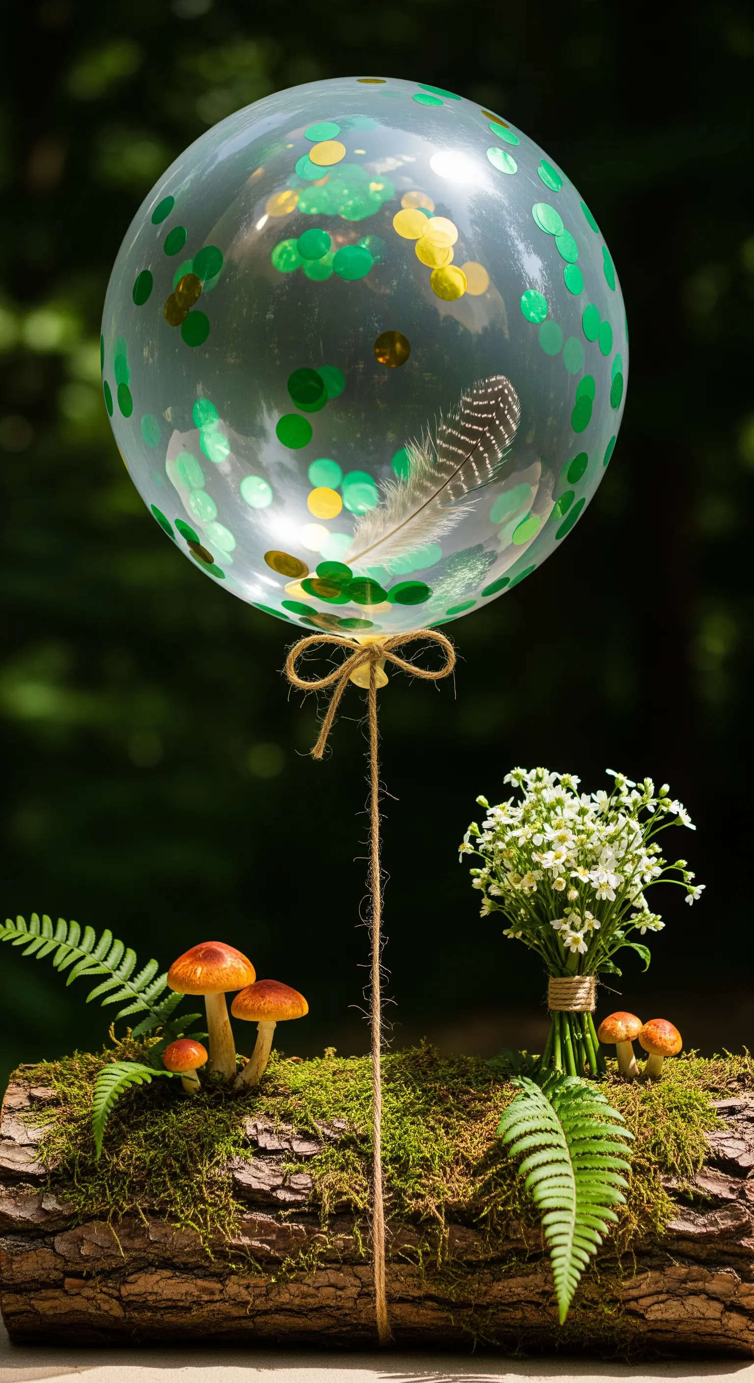 Centrotavola a tema bosco con tronco, muschio, funghi e palloncino con piuma e coriandoli.