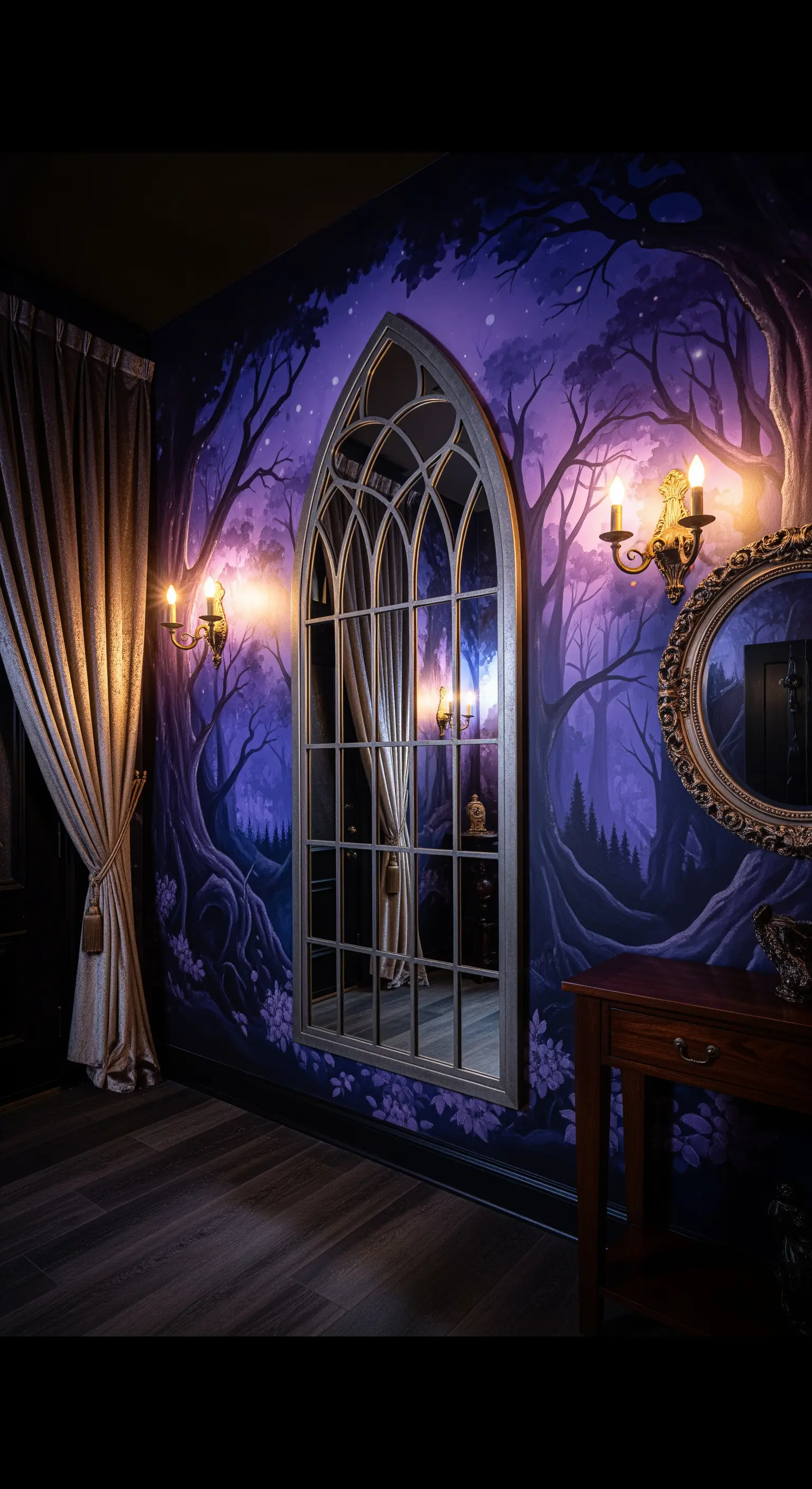 Ingresso scuro con murale di una foresta viola e un grande specchio a forma di finestra gotica.