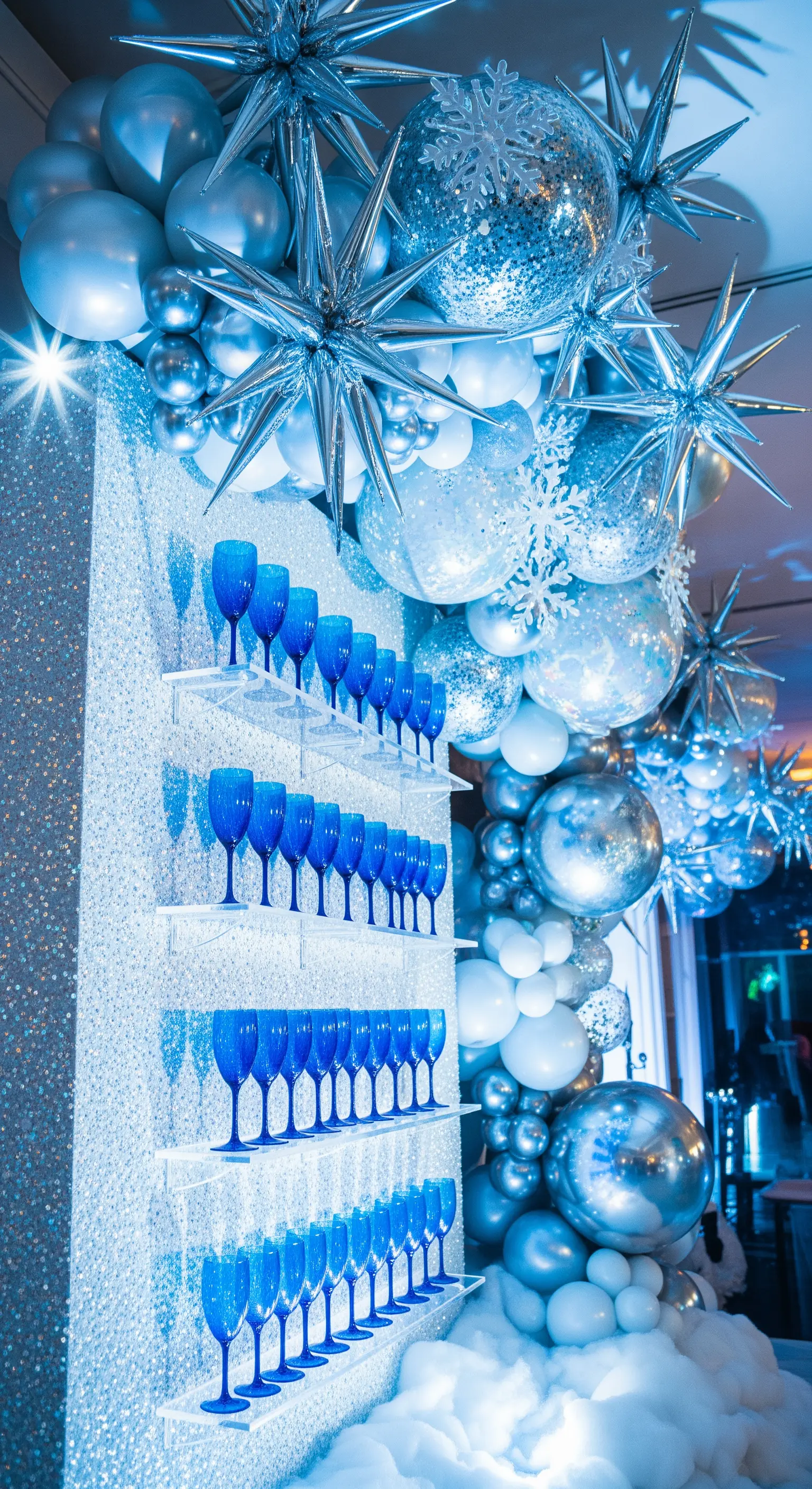 Allestimento invernale con glitter argento, palloncini a stella e calici blu cobalto.