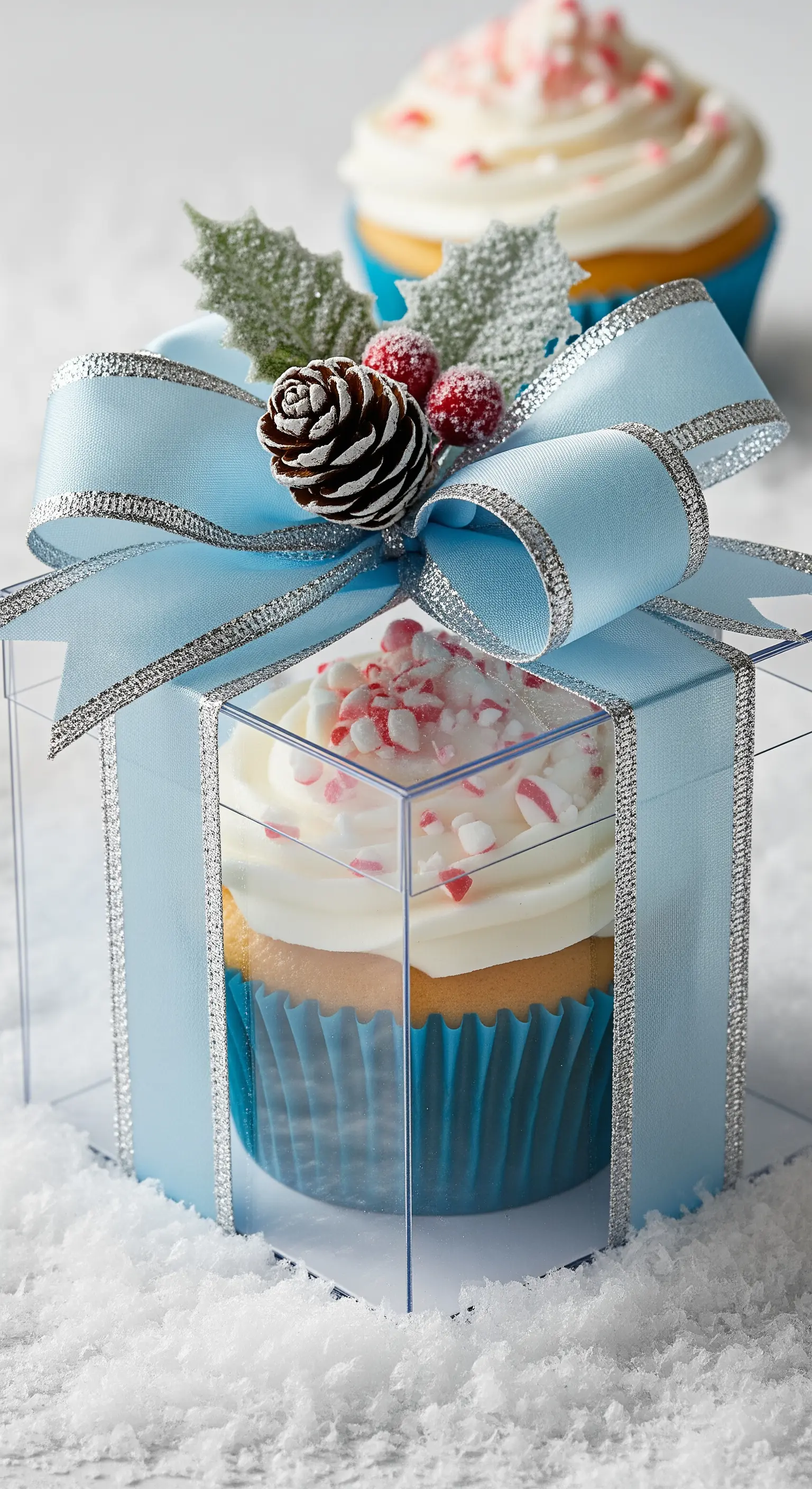 Cupcake invernale con fiocco azzurro e argento, decorato con una pigna innevata.