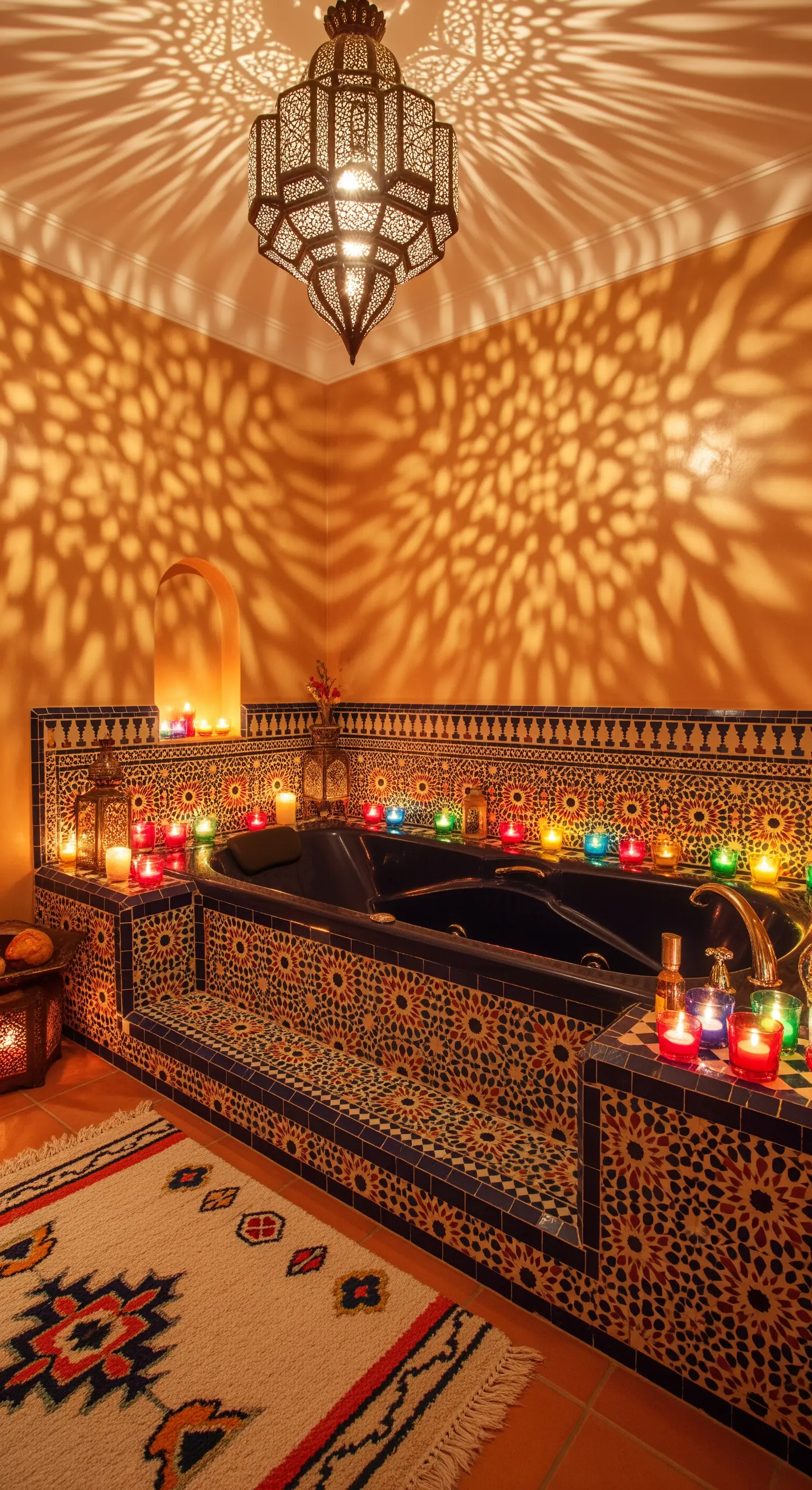 Bagno in stile marocchino con mosaici colorati, lanterna e candele.