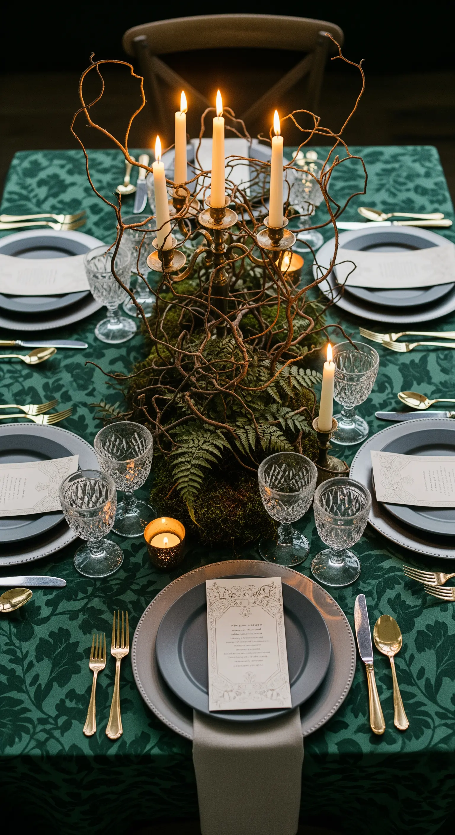 Tavola con tovaglia verde, centrotavola di rami intrecciati e muschio, illuminato da candele.