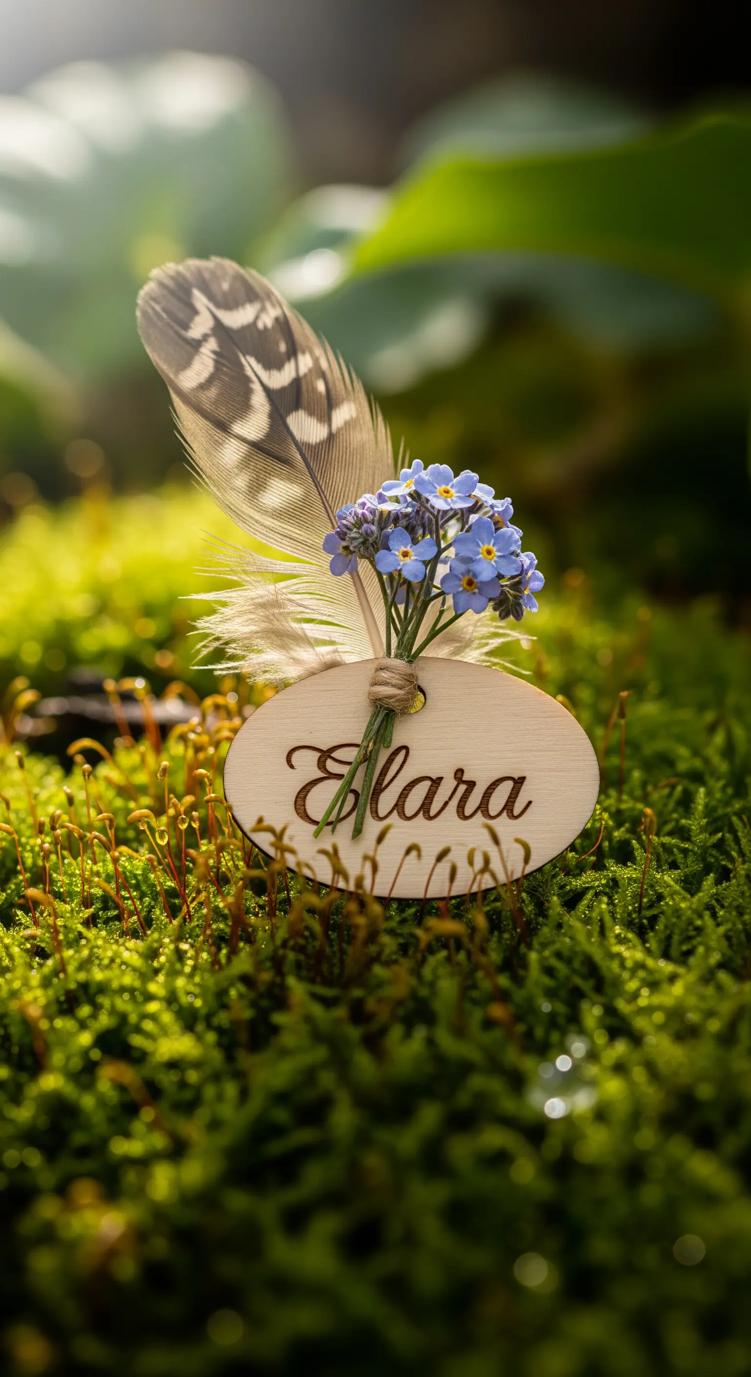 Segnaposto in legno con fiori di non-ti-scordar-di-me e piuma su muschio.