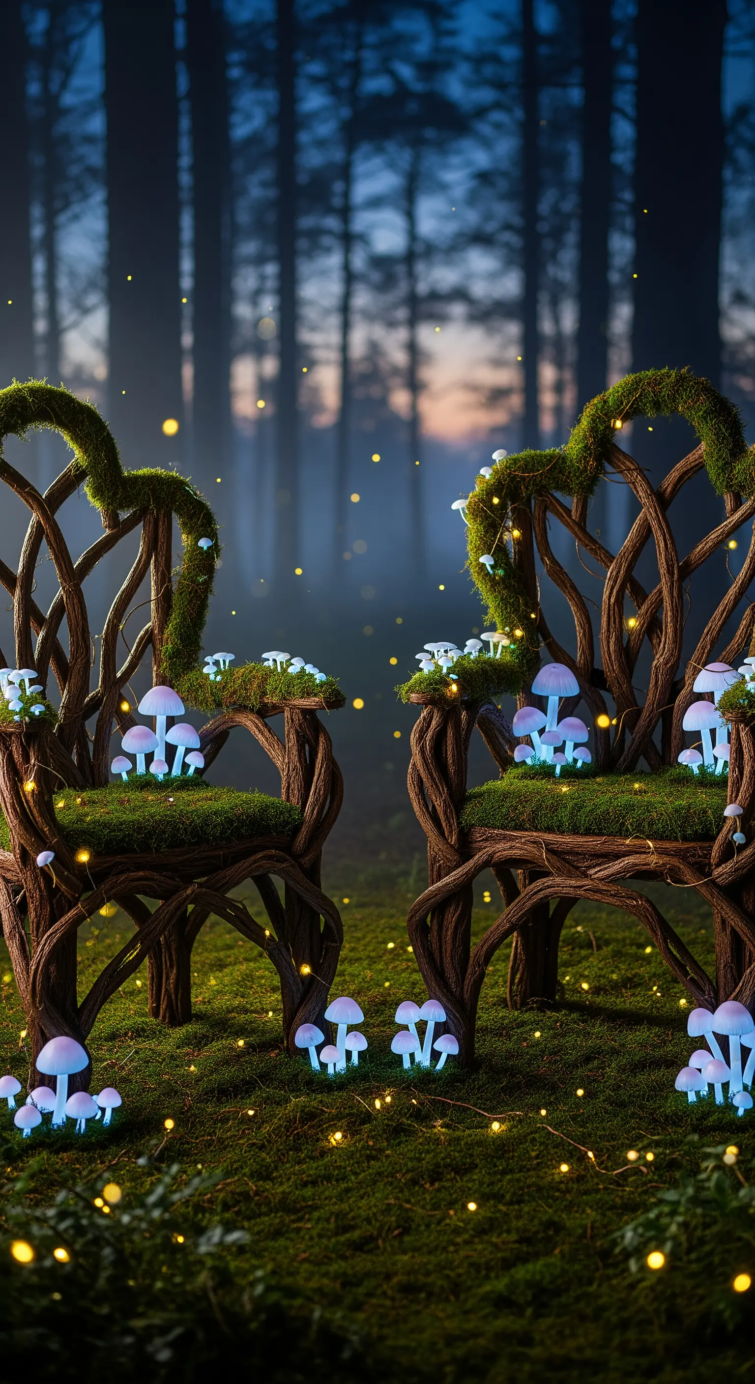 Sedie a forma di rami intrecciati, decorate con muschio e funghi luminosi in un bosco.