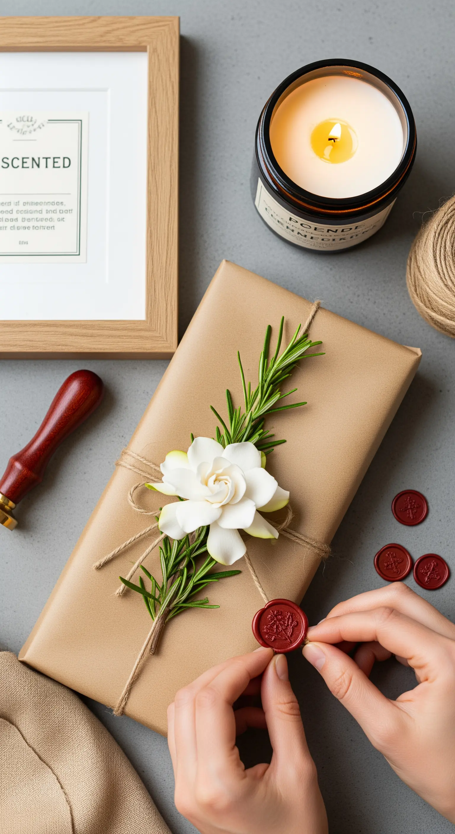 Pacco regalo in carta kraft decorato con spago, sigillo in ceralacca e un fiore bianco.