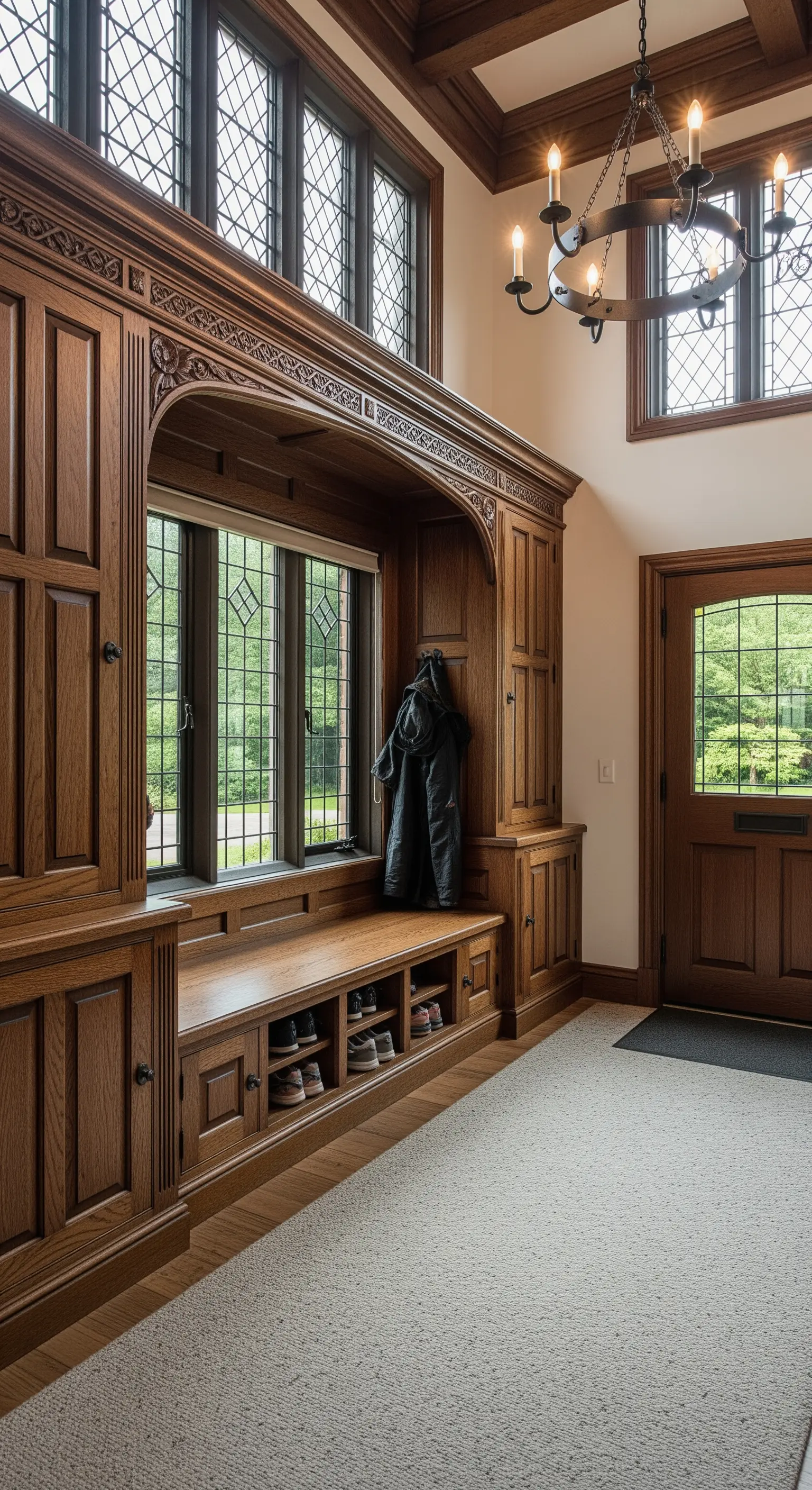 Imponente boiserie in legno scuro intagliato con panca e scarpiera integrate in una nicchia.