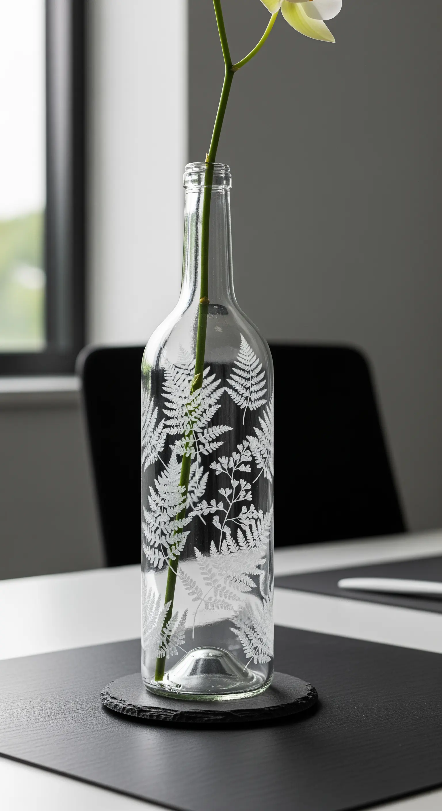 Bottiglia di vino in vetro trasparente con un delicato motivo di felci inciso.