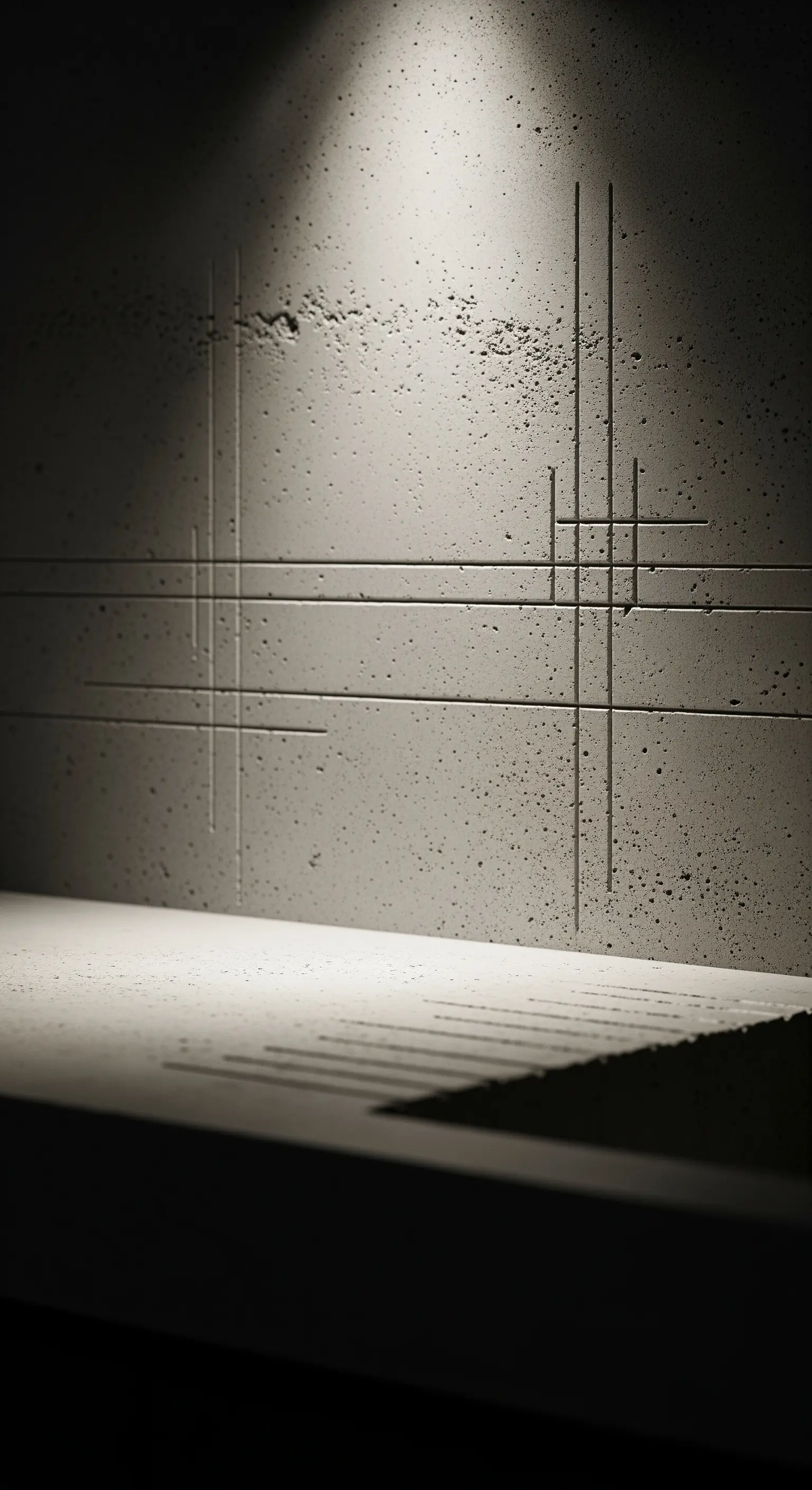 Parete in cemento con linee geometriche incise, illuminata da un faretto.