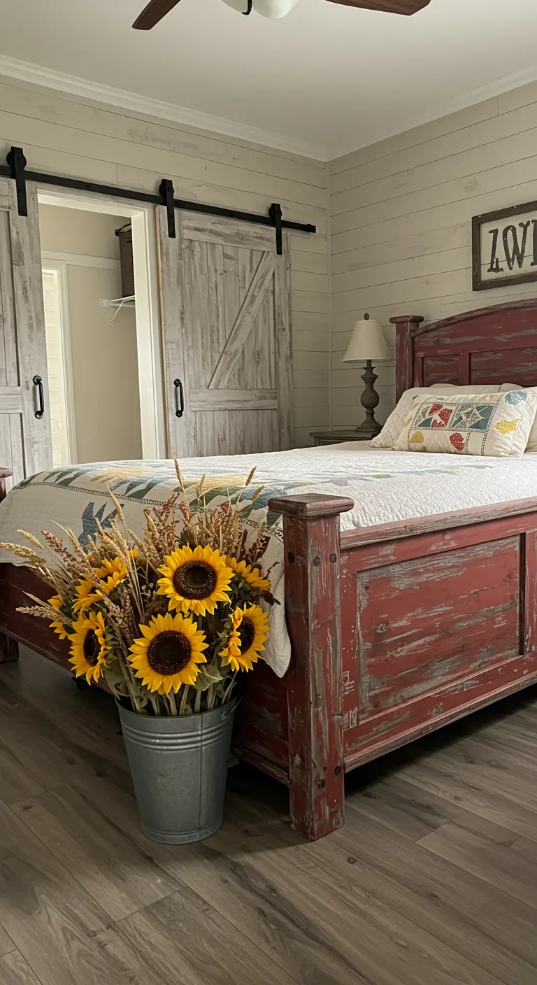 Camera da letto rustica con letto rosso decapato, porte da fienile e un secchio di girasoli.