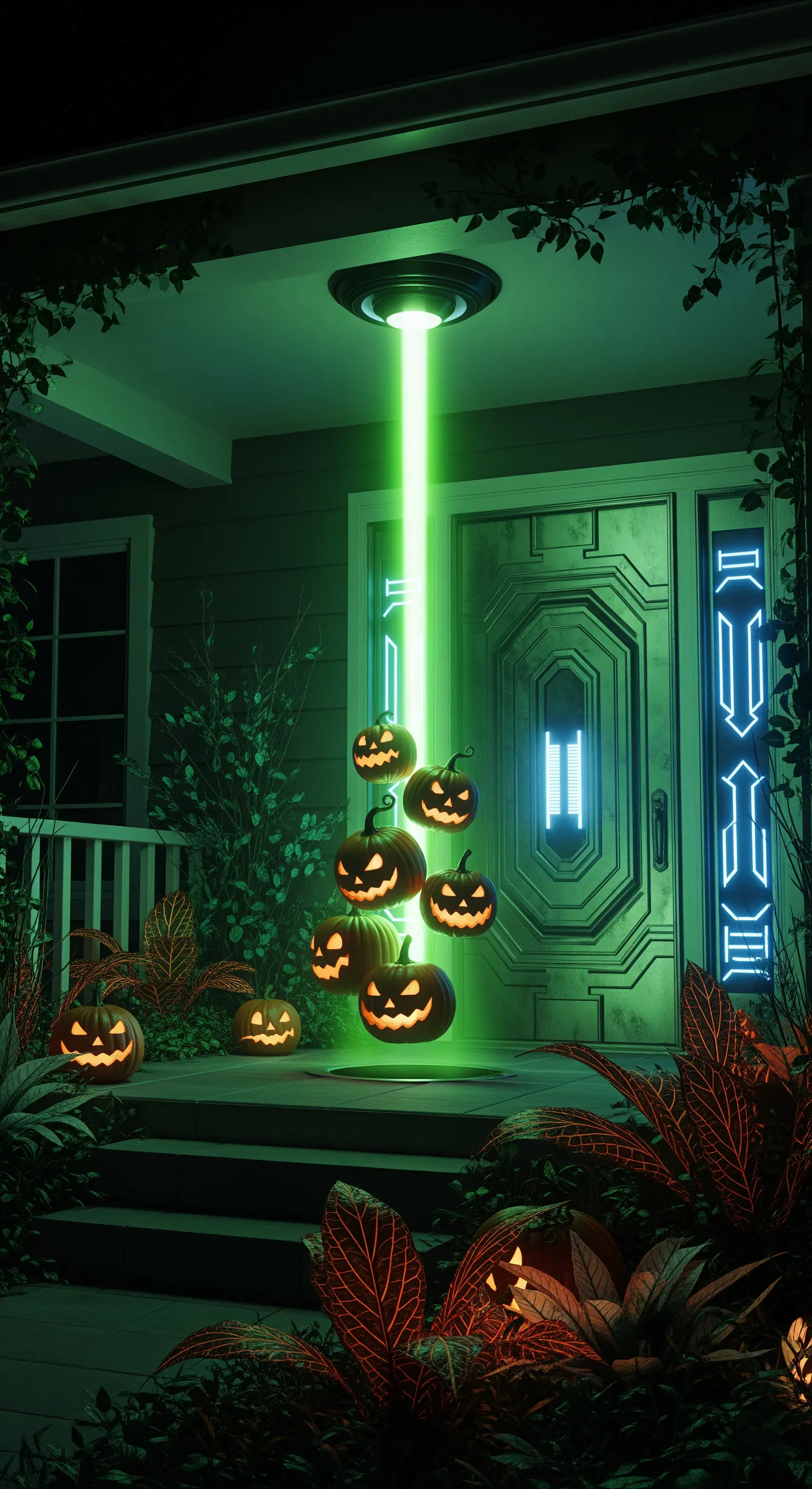 Un raggio di luce verde proveniente da un UFO attira delle zucche fluttuanti verso l'alto.