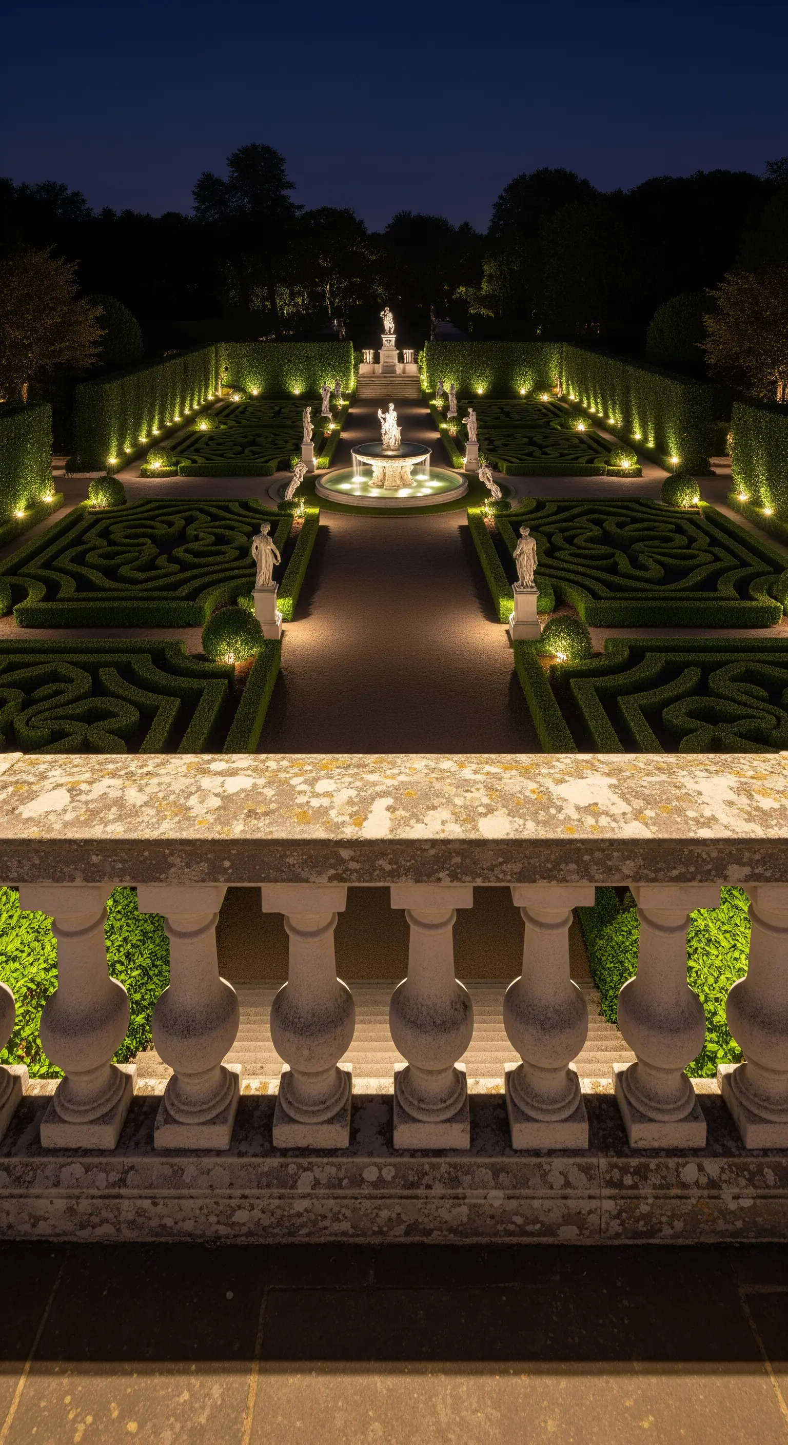 Vista dall'alto di un giardino formale illuminato, incorniciato da una balaustra in pietra.