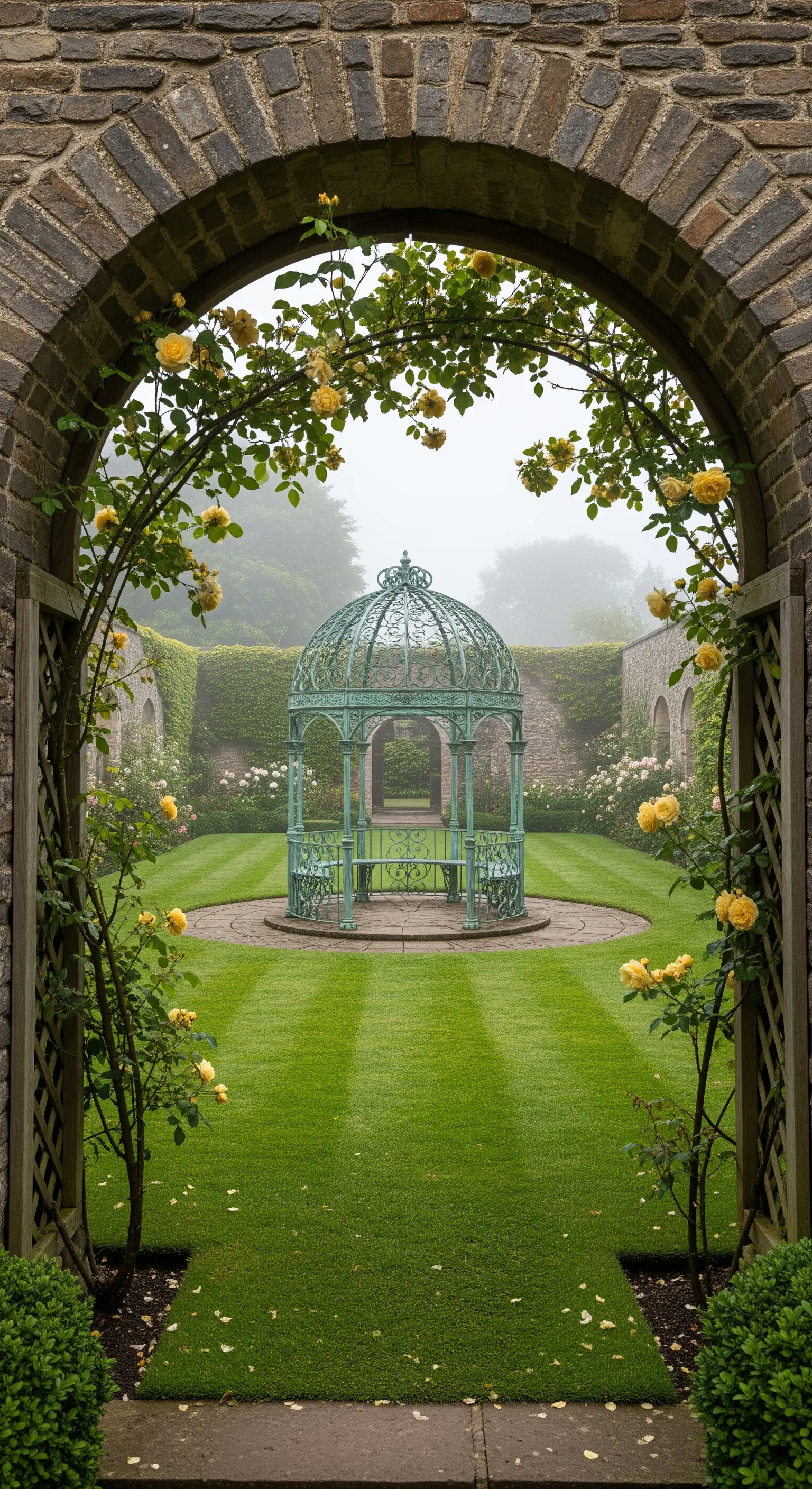 Arco in mattoni con rose gialle che incornicia un giardino formale con un gazebo verde.