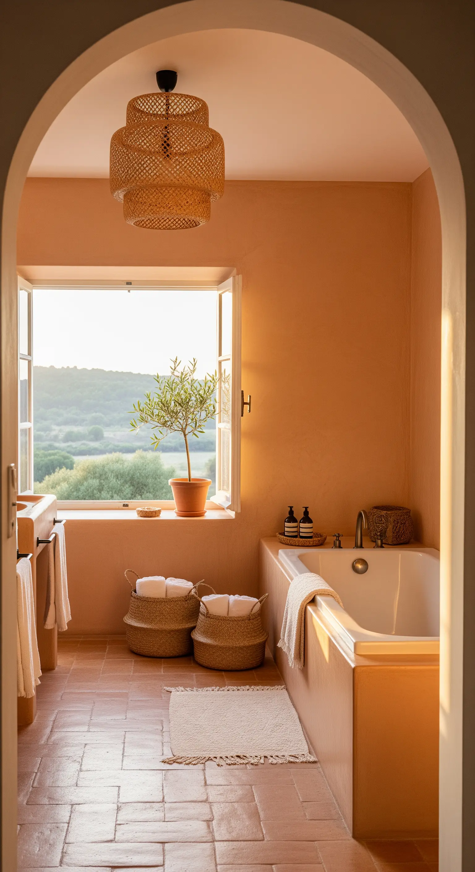 Bagno visto attraverso un arco, con pareti terracotta e una grande finestra affacciata sul verde.